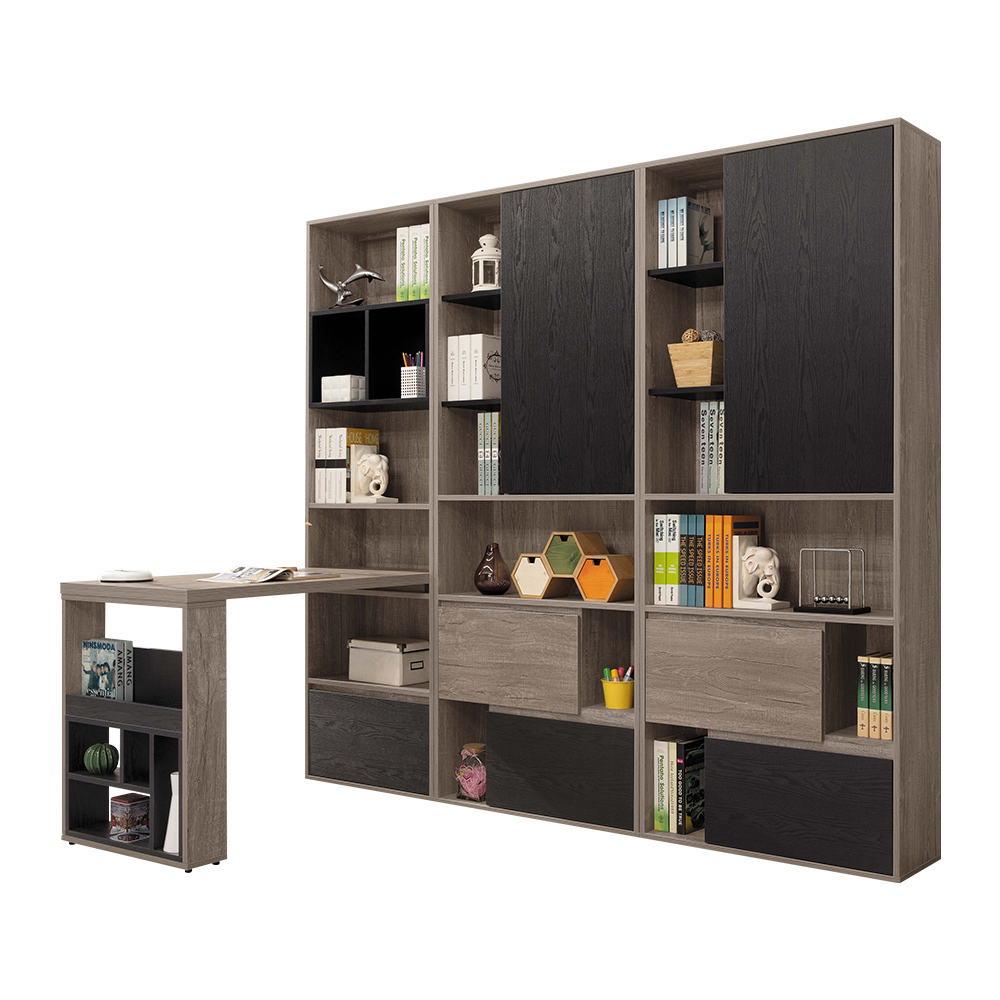 喬達L型多功能書櫃+書桌組合(7.3尺書櫃組合+4尺伸縮桌面)