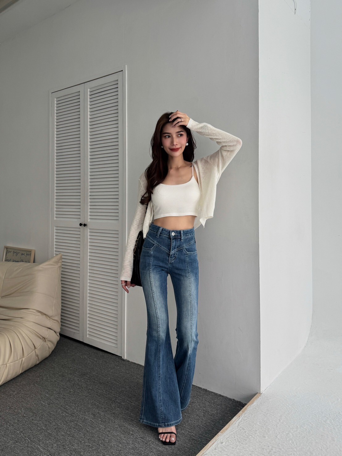 高腰刷色超長腿牛仔褲