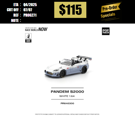 PO-$115 * POP RACE * 1:64 PANDEM S2000 WHITE NEW TOOLING [OD27/06]