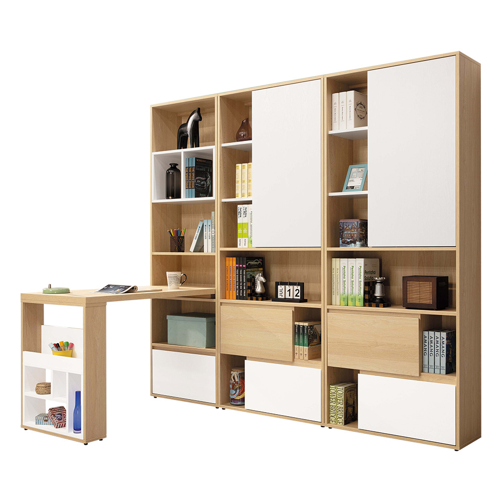 尚恩L型多功能書櫃+書桌組合(7.3尺書櫃組合+4尺伸縮桌面)
