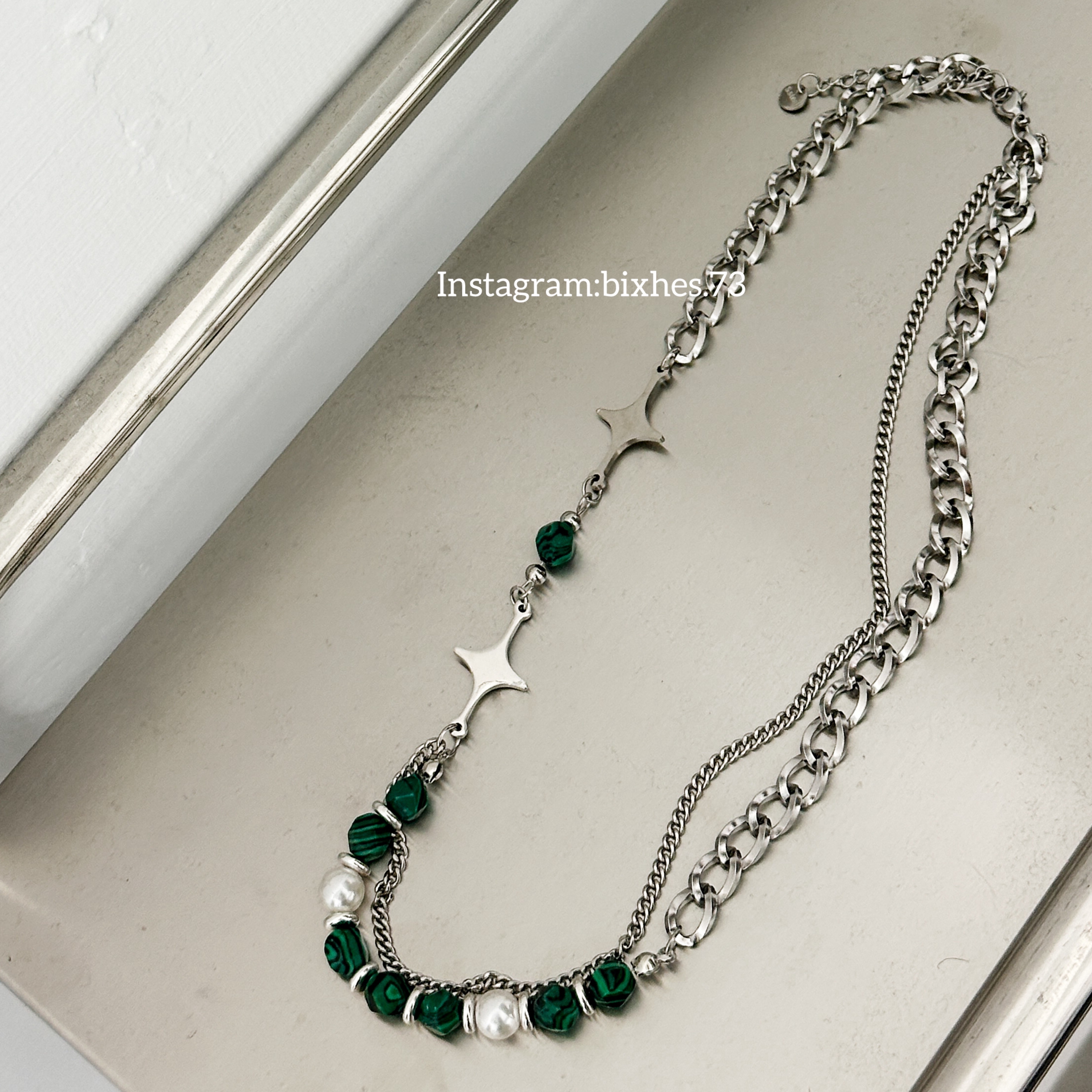 雙層綠石拼星珍珠項鍊(K00089)