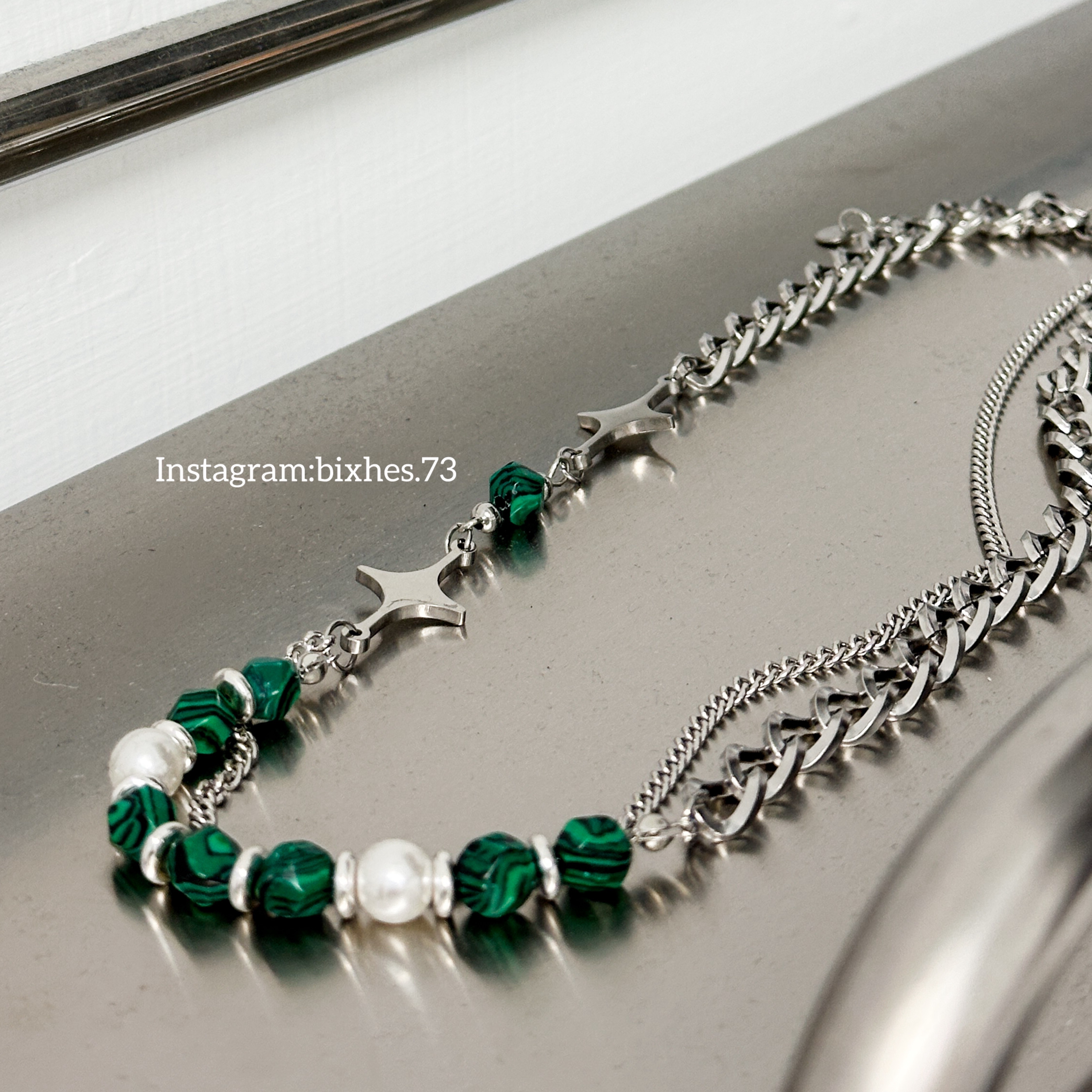 雙層綠石拼星珍珠項鍊(K00089)