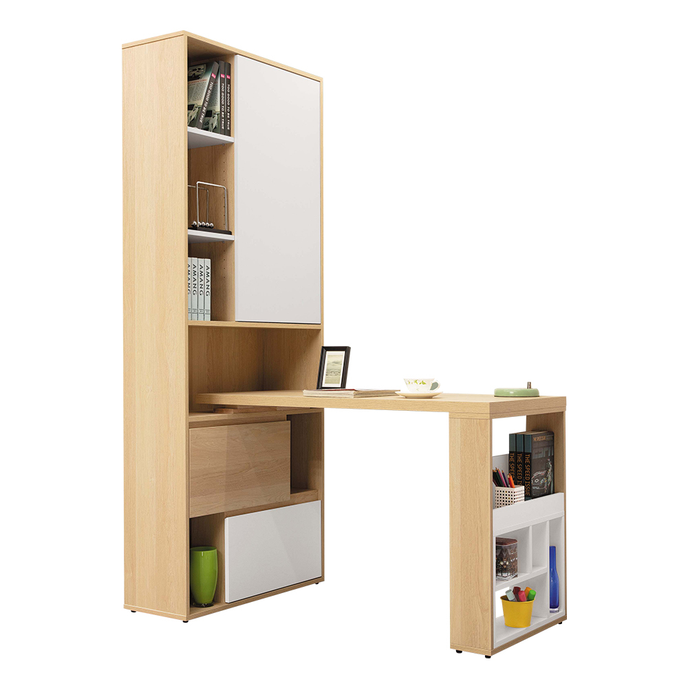 尚恩L型多功能書櫃+書桌組合(2.7尺二抽開放式書櫃+4尺伸縮桌面)