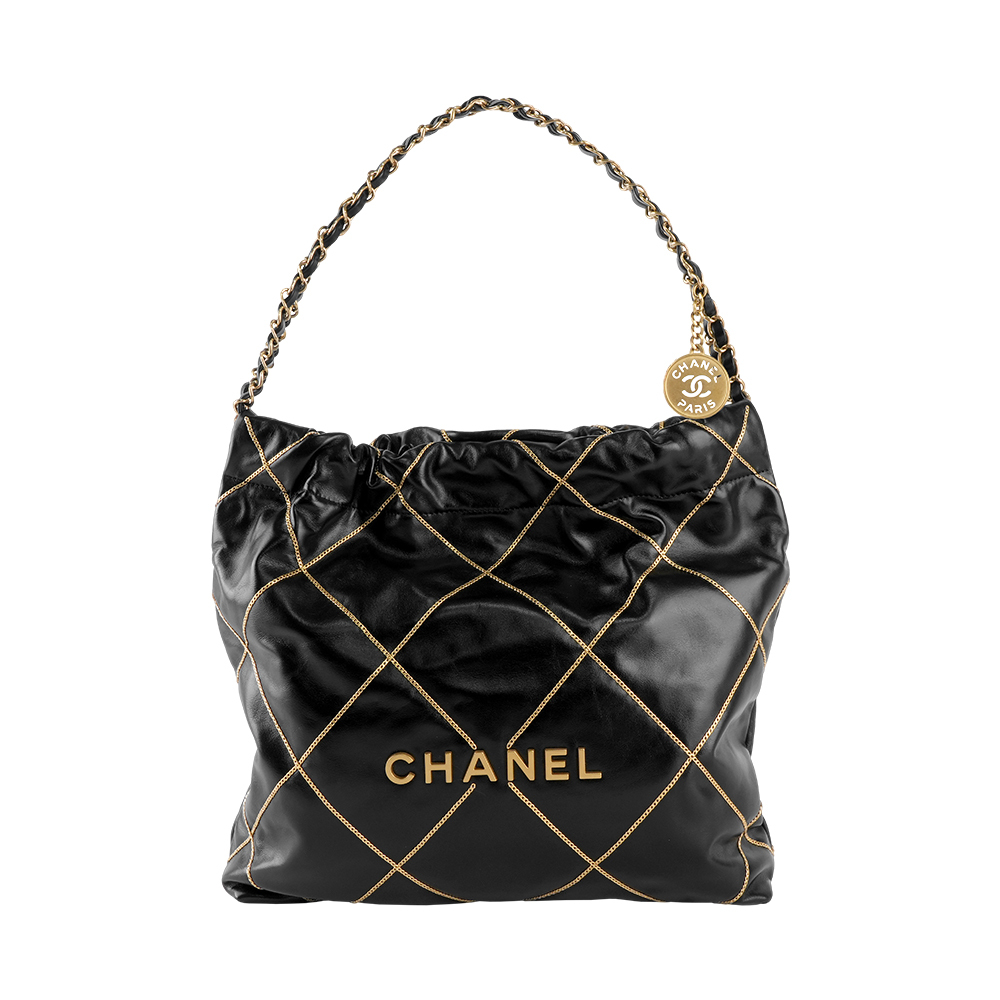 【CHANEL】22 Bag 23B 特別版金線菱格紋亮面小牛皮小款肩背包(黑色)