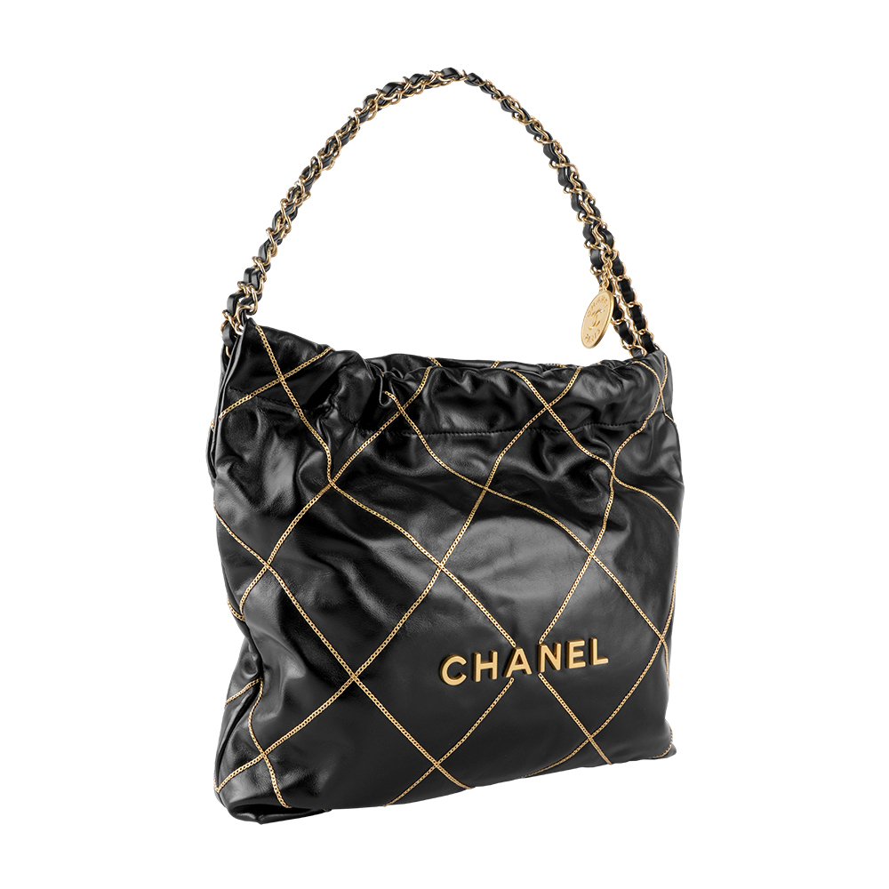 【CHANEL】22 Bag 23B 特別版金線菱格紋亮面小牛皮小款肩背包(黑色)