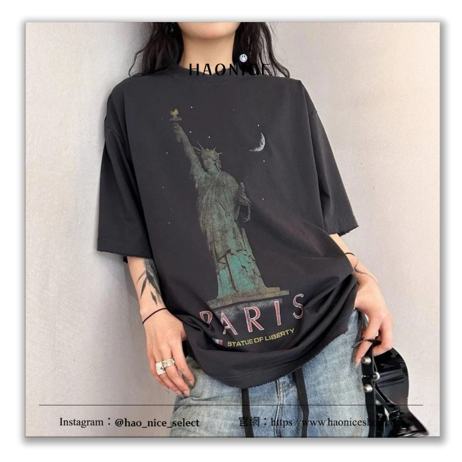 【HAO NICE】美式街頭🛹Balenciaga 巴黎世家 上海經銷商🔥自由女神🗽 水洗復古 破壞風 短袖 短T