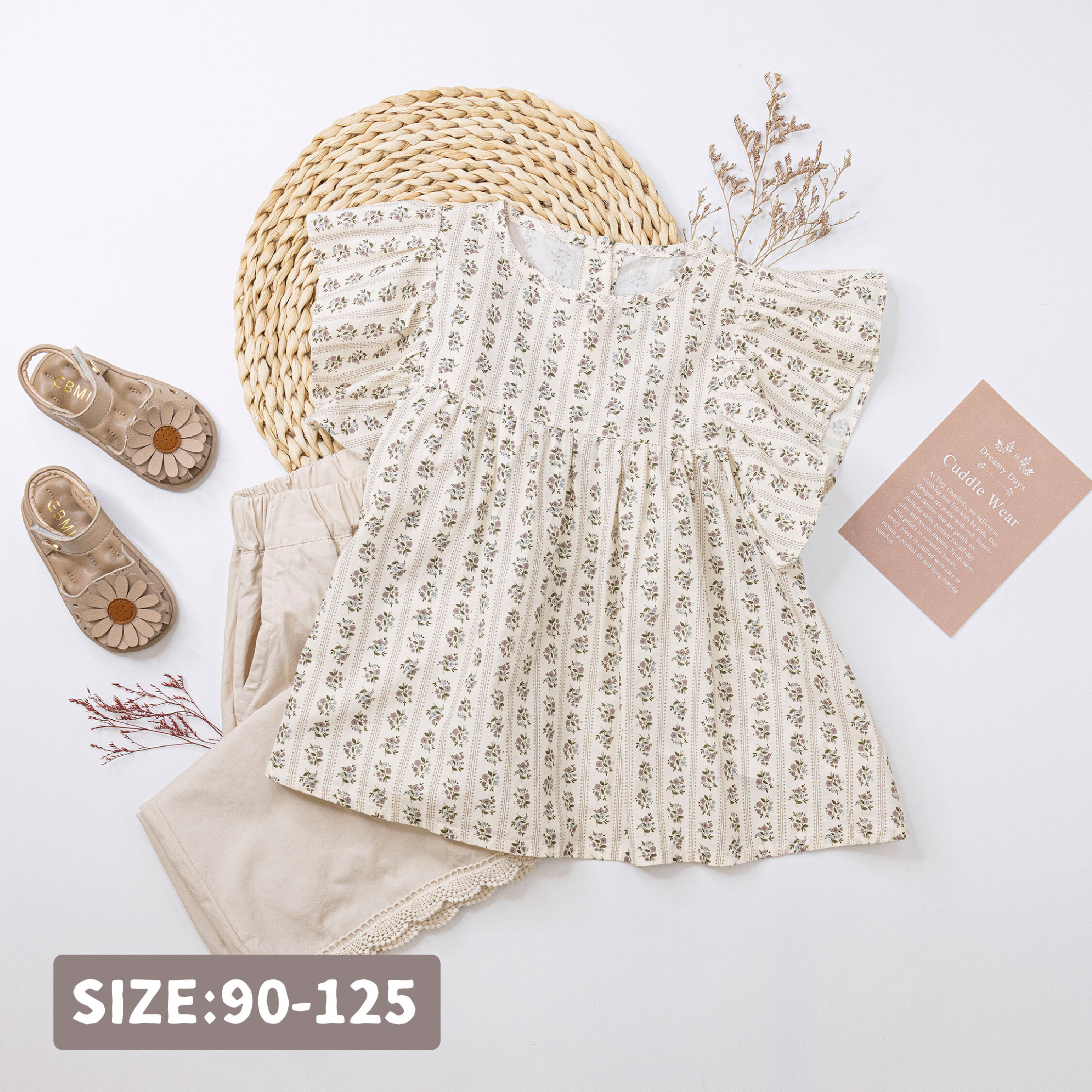 【H50707】歐式花朵荷葉袖上衣