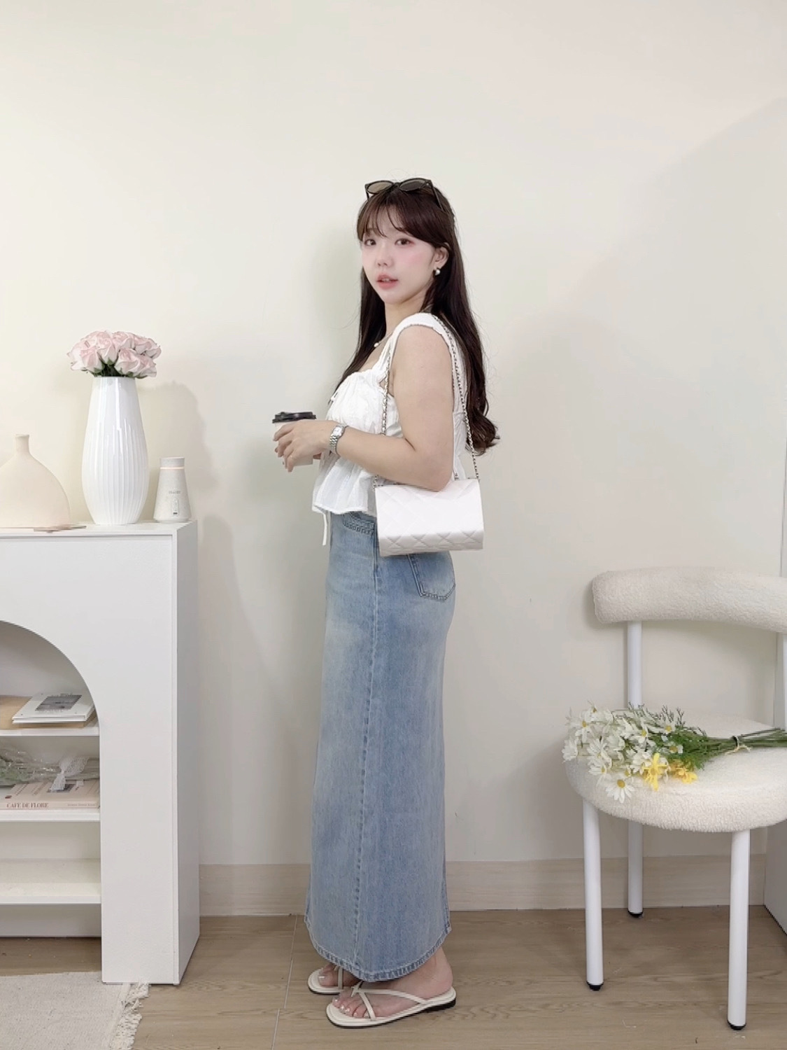 加長版顯瘦後開衩牛仔長裙