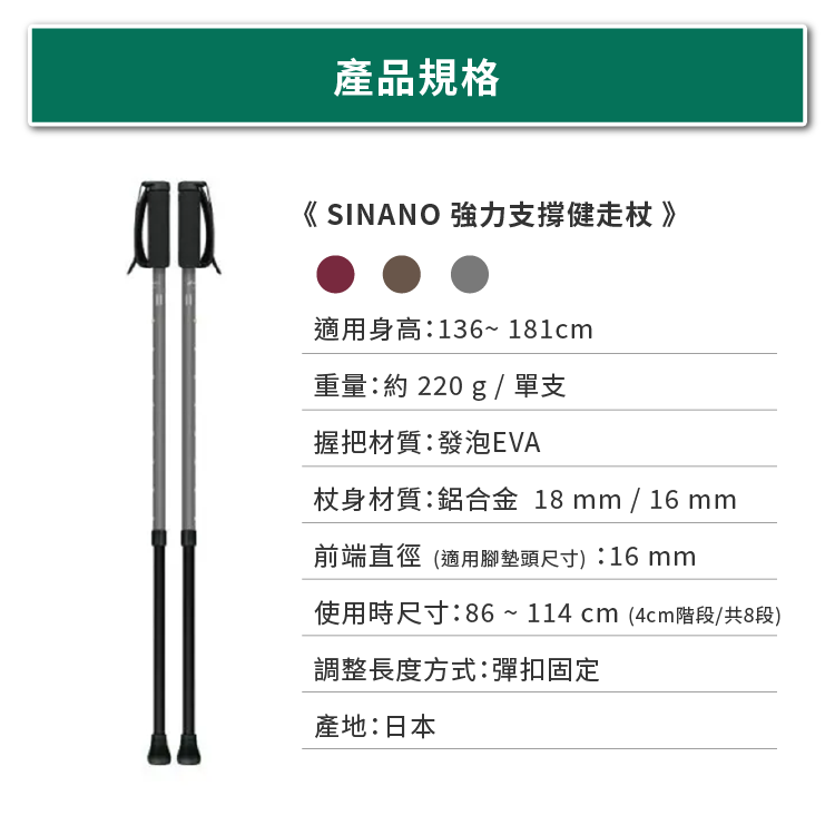 sinano 強力支撐健走杖規格