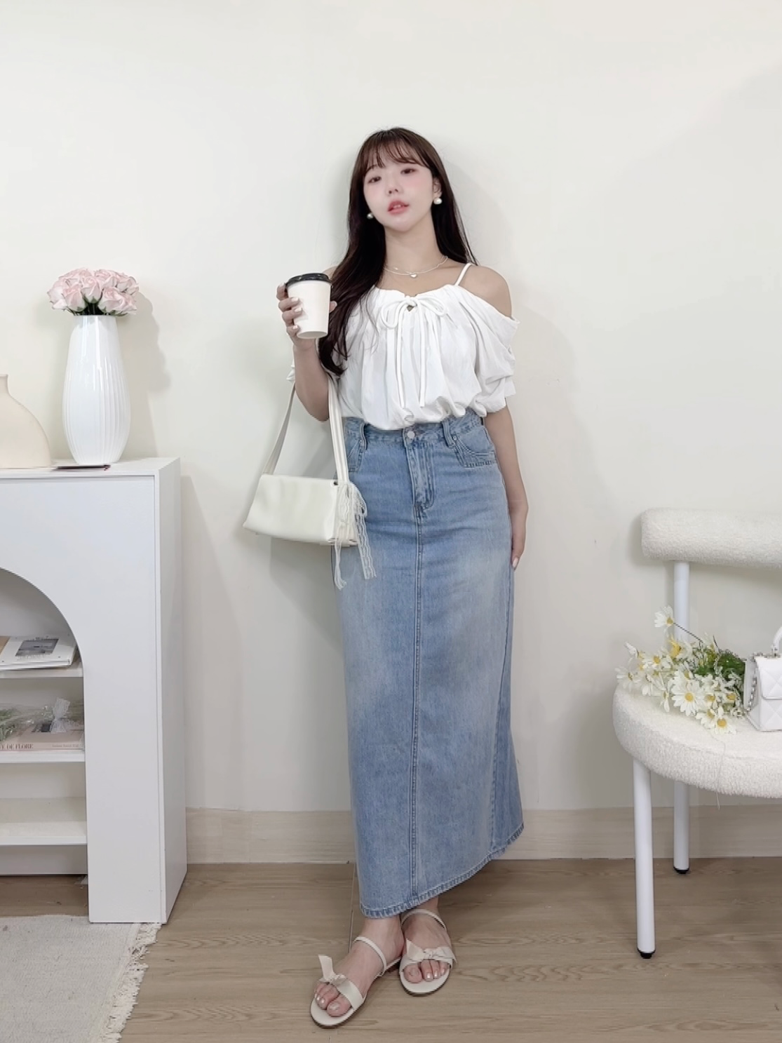 加長版顯瘦後開衩牛仔長裙