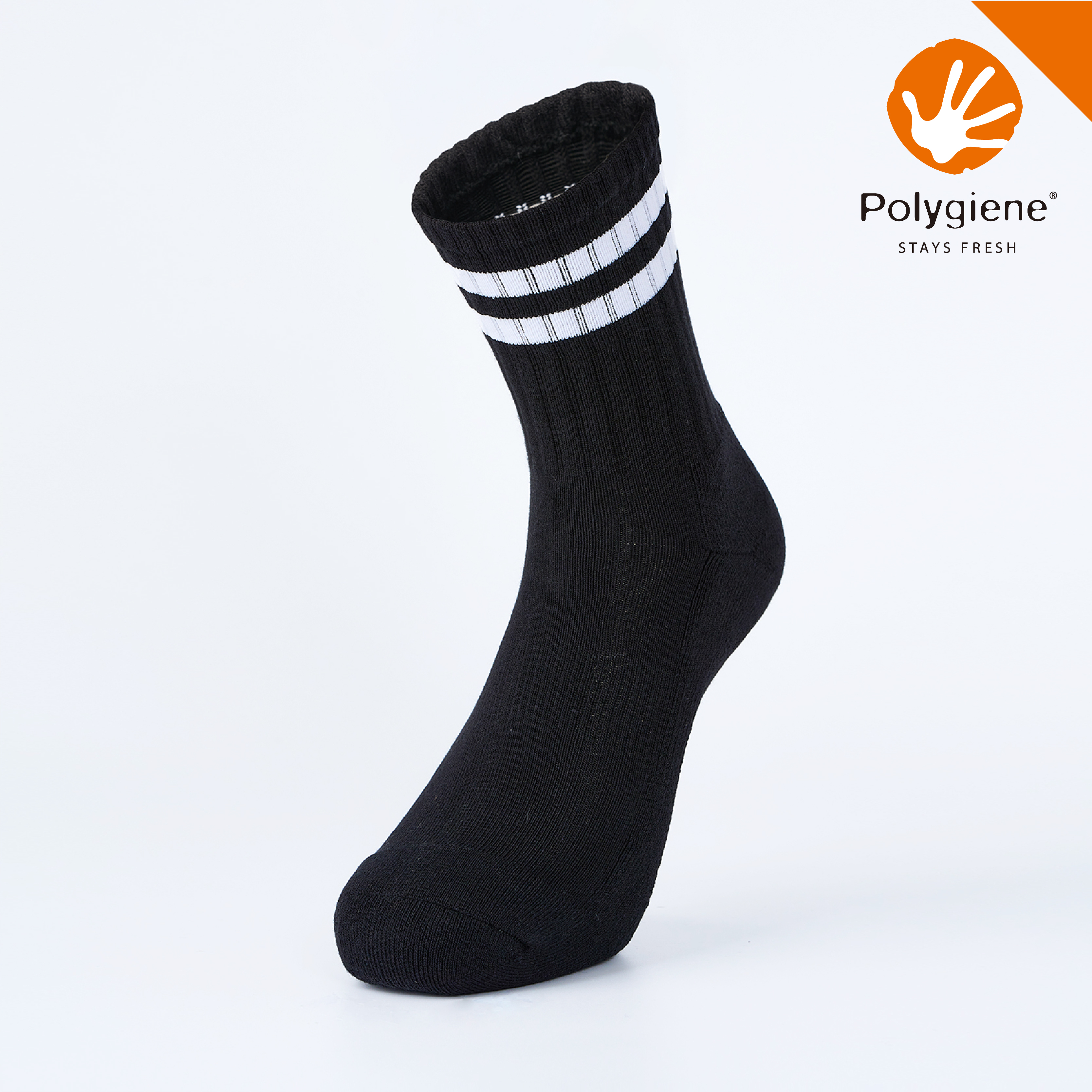 抗菌條紋運動中筒襪〈黑〉