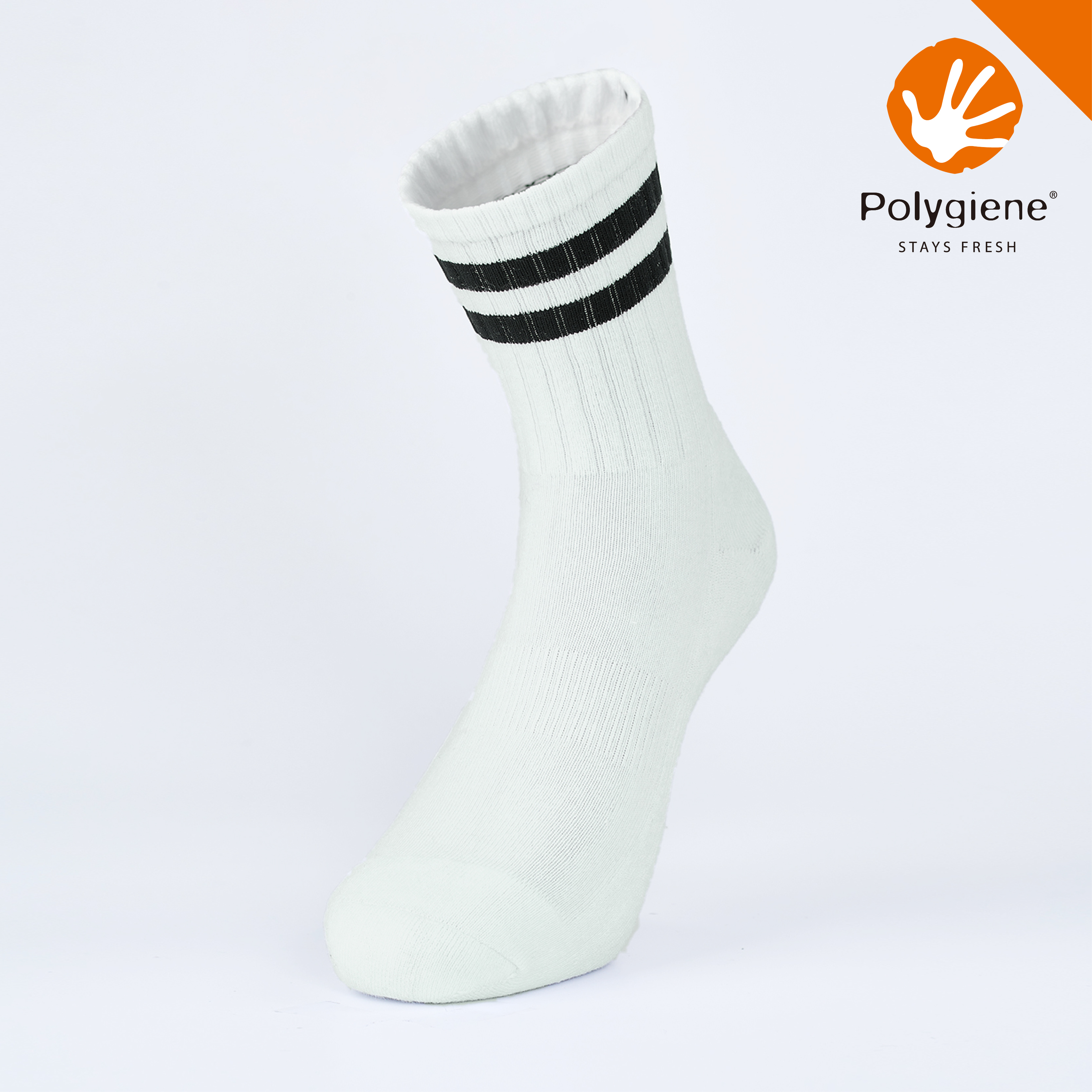 抗菌條紋運動中筒襪〈白〉