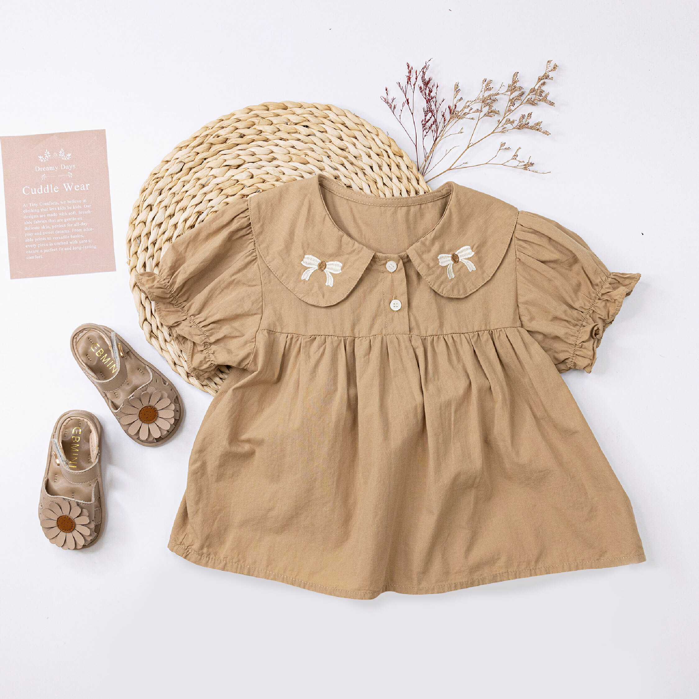 【H50709】蝴蝶結刺繡花苞袖上衣