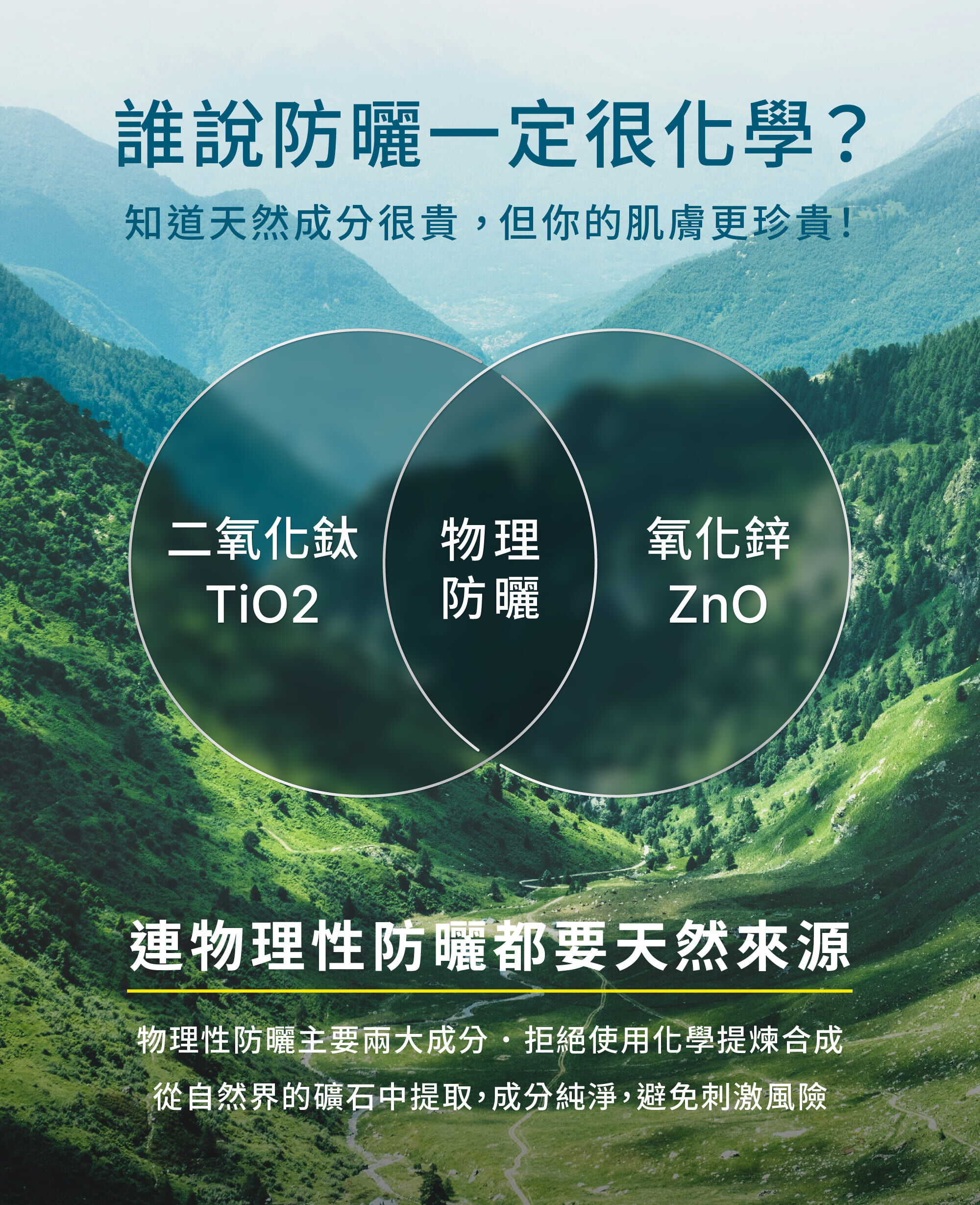 Z研防曬礦物來源圖,選用純天然氧化鋅與二氧化鈦,避免刺激風險