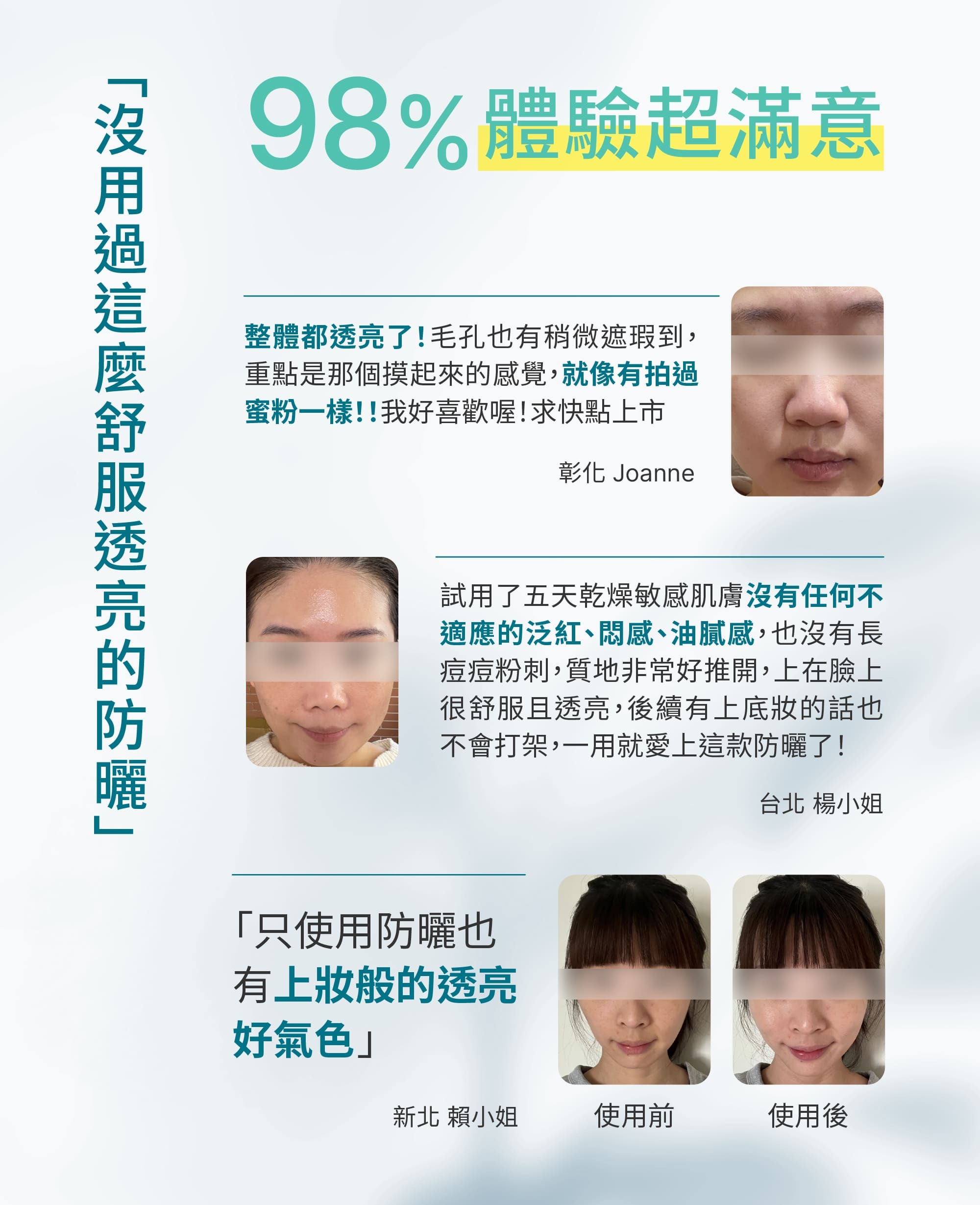 Z研使用者真實回饋圖,滿意度高,防曬不卡粉、不泛白且舒適度佳