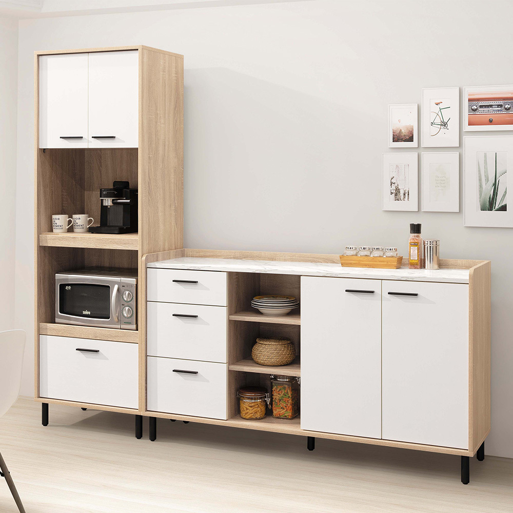 瑞米7尺L型仿石面收納餐櫃組合(2尺拉盤電器高餐櫃+5尺碗盤置物矮櫃)