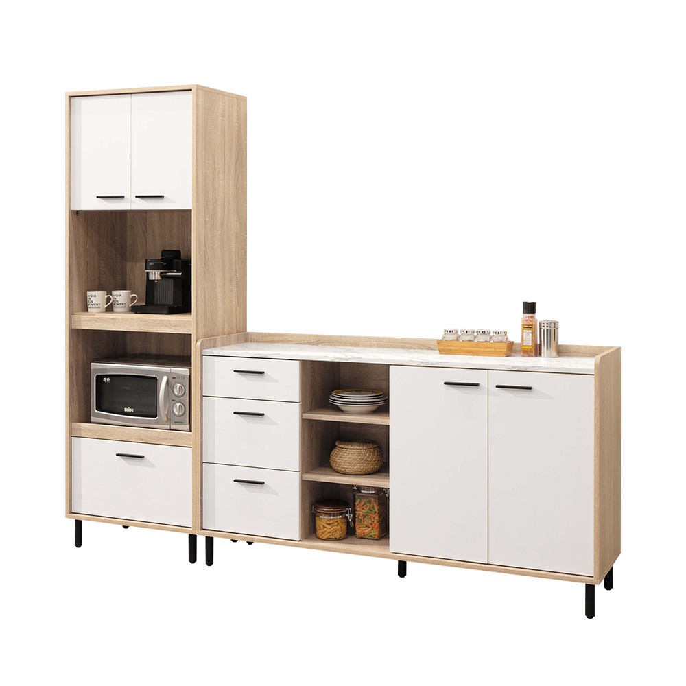 瑞米7尺L型仿石面收納餐櫃組合(2尺拉盤電器高餐櫃+5尺碗盤置物矮櫃)