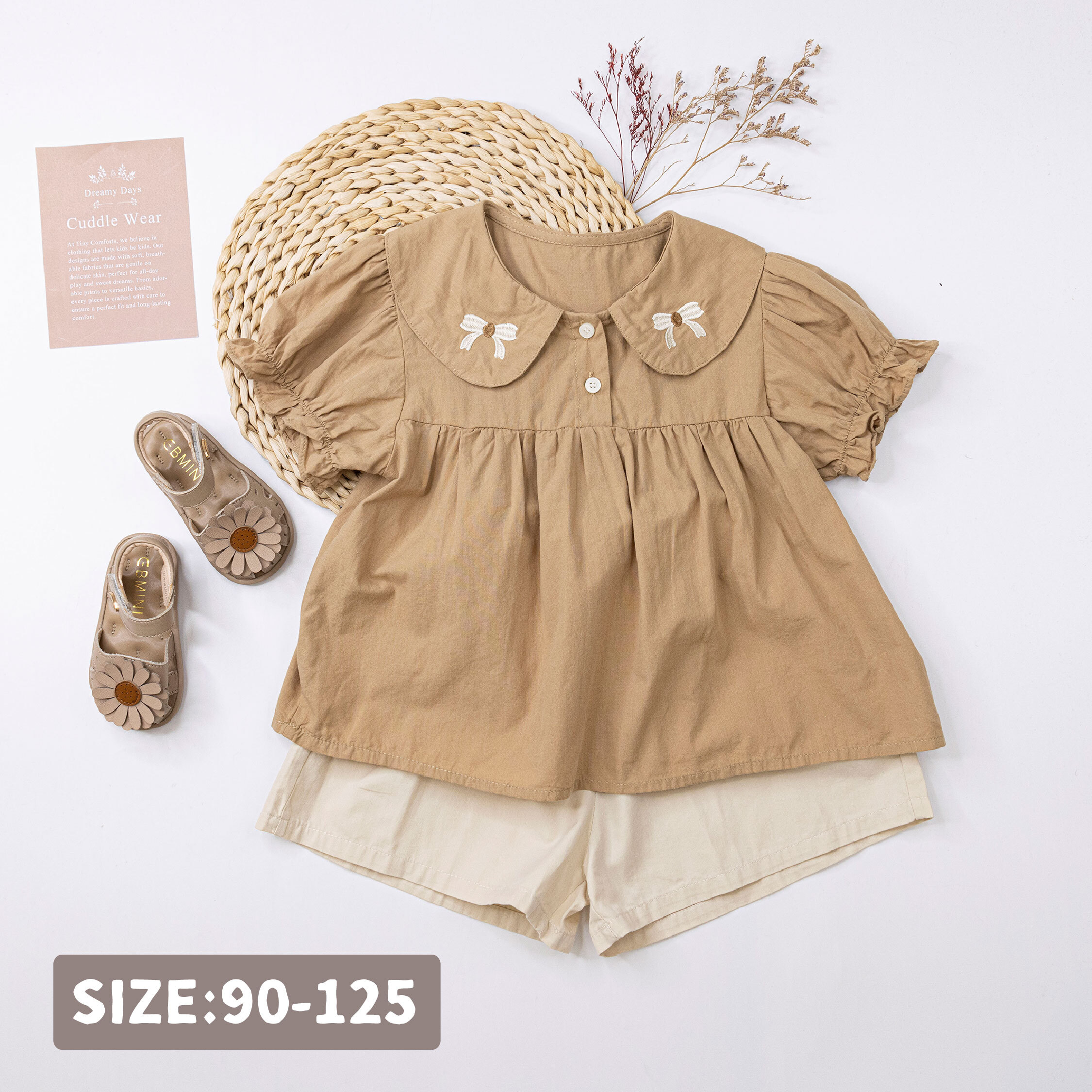 【H50709】蝴蝶結刺繡花苞袖上衣