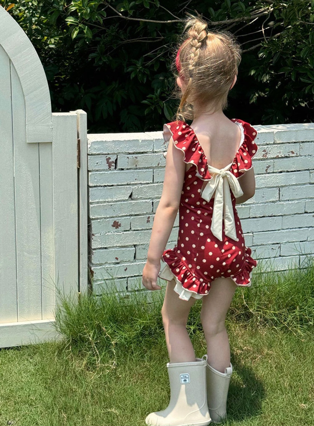 紅色波點飛袖泳裝