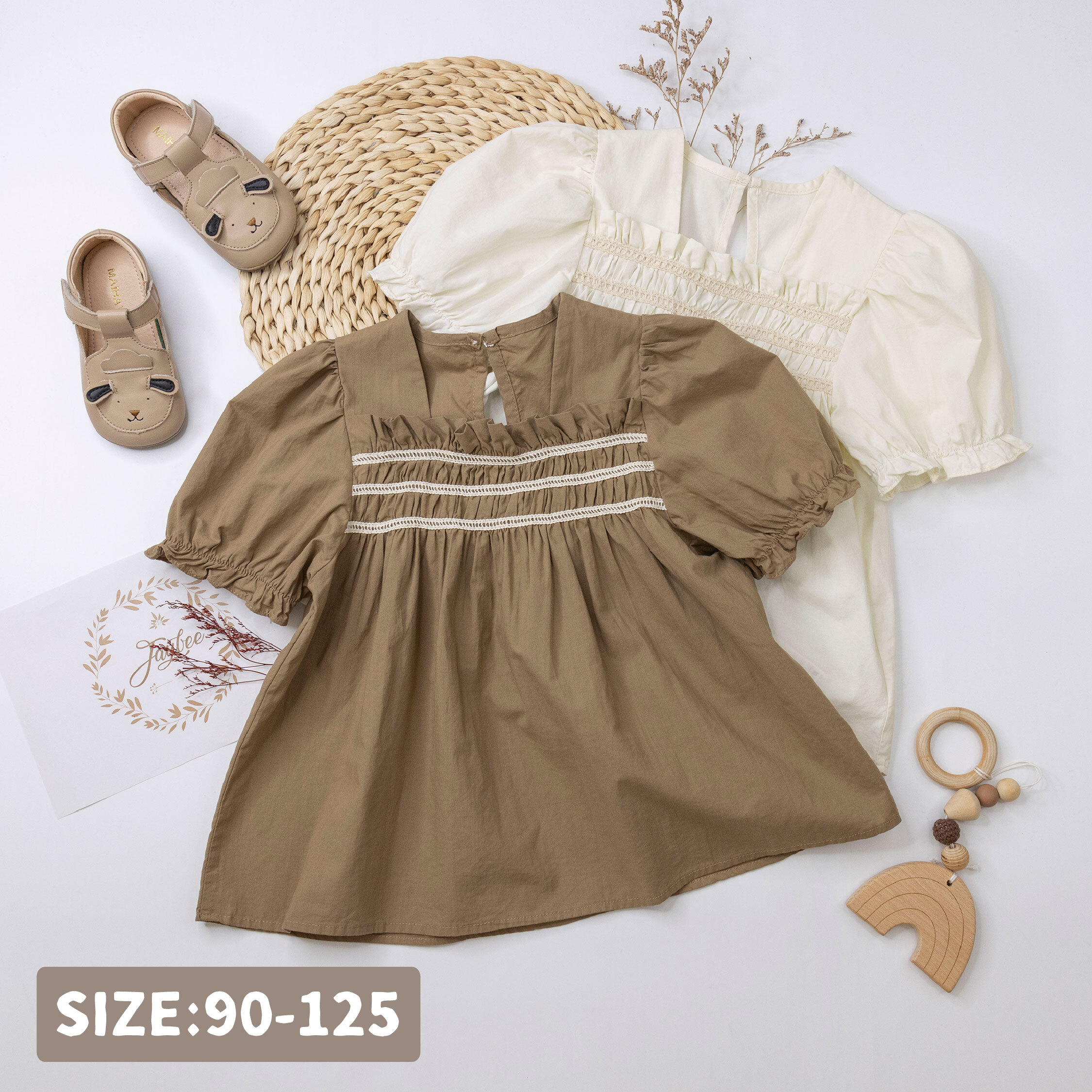 【H50713】甜美抓皺設計縮口袖上衣＊二色