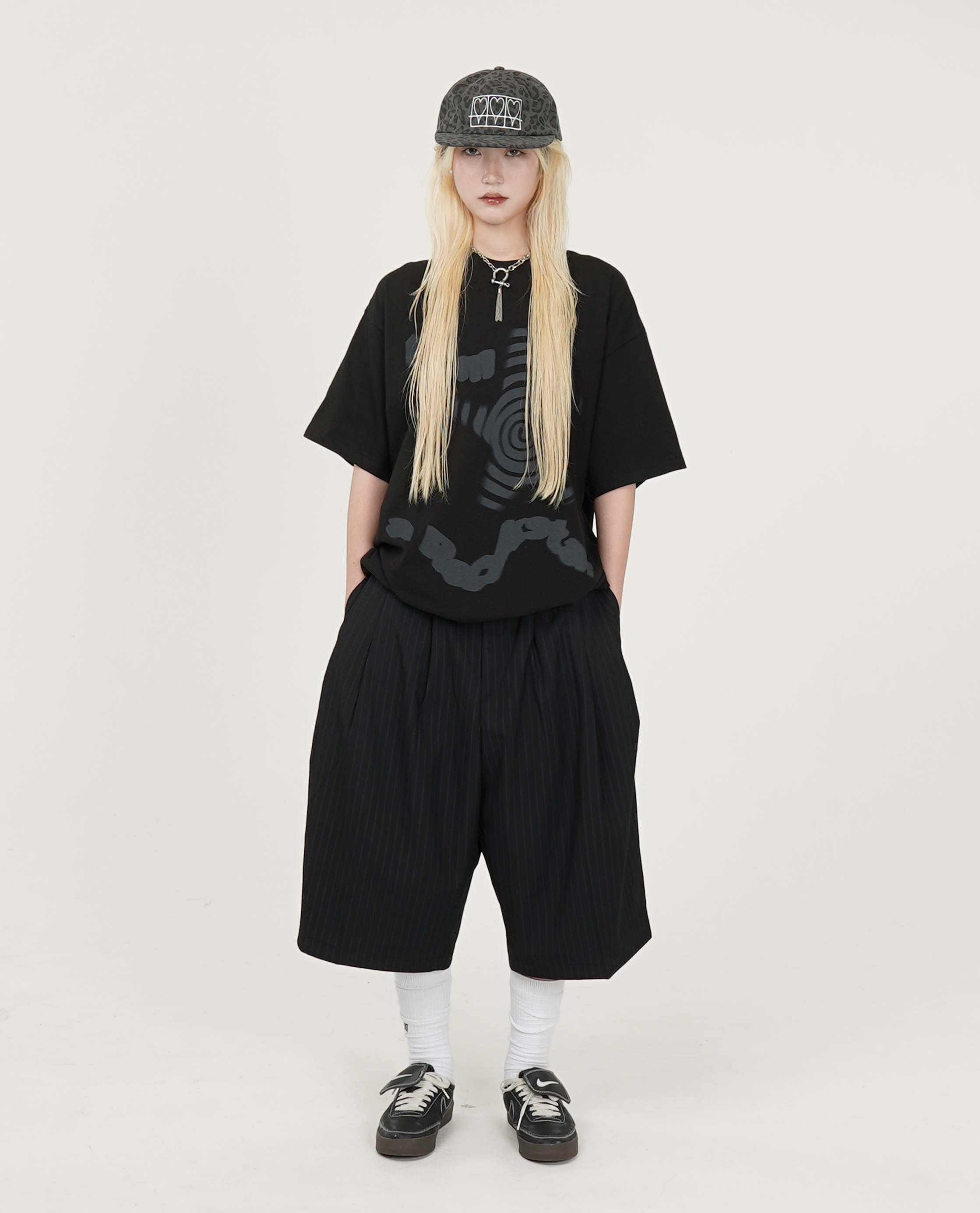 內綁繩細直紋膝下西裝褲