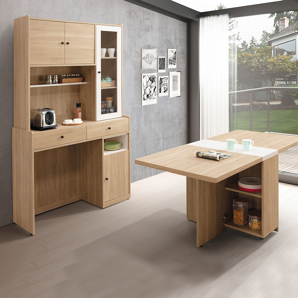 利奇4尺梧桐色多功能組合L型餐櫃餐桌/伸縮折疊餐桌中島櫃(收納高電器餐櫃+折合餐桌)