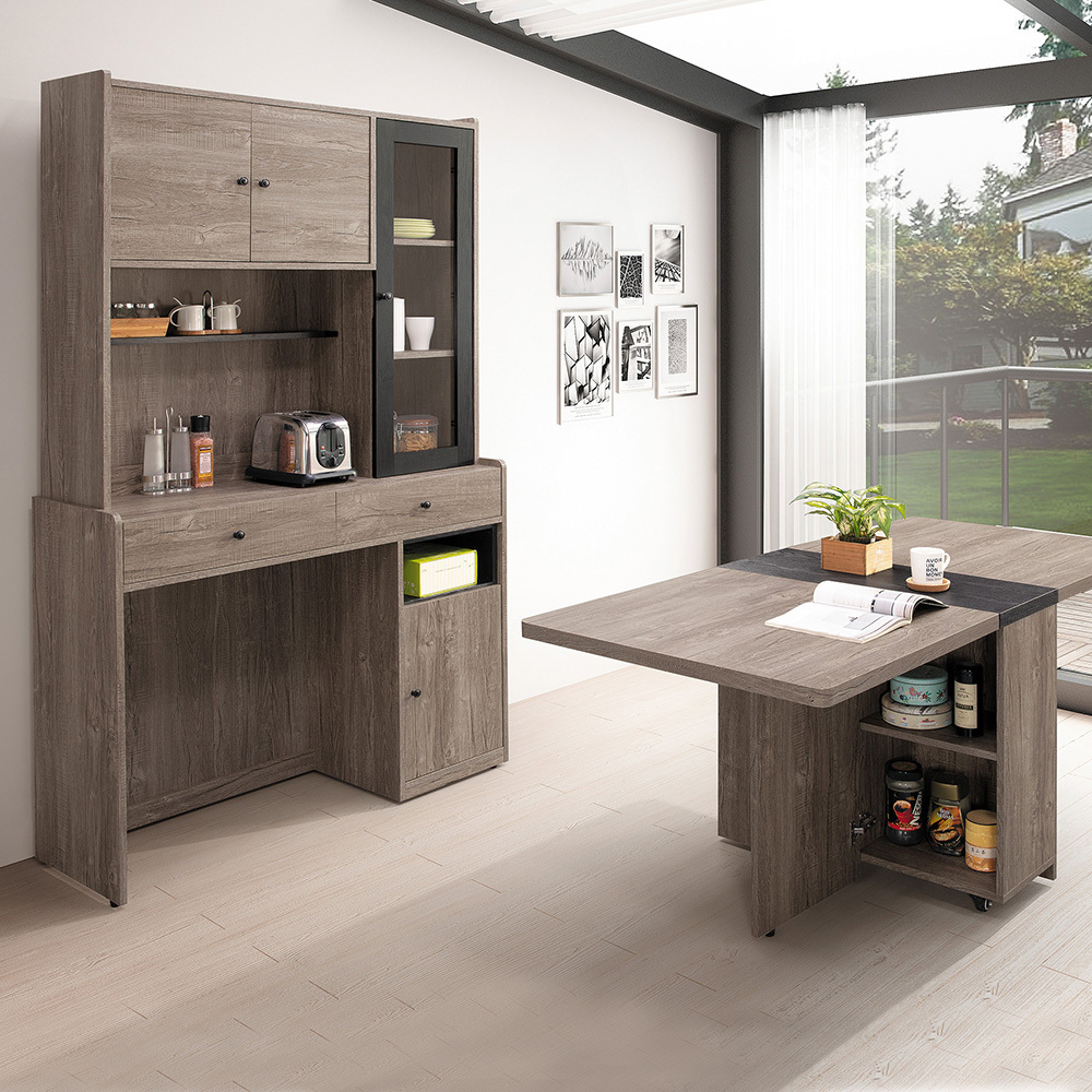 利奇4尺灰橡色多功能組合L型餐櫃餐桌/伸縮折疊餐桌中島櫃(收納高電器餐櫃+折合餐桌)