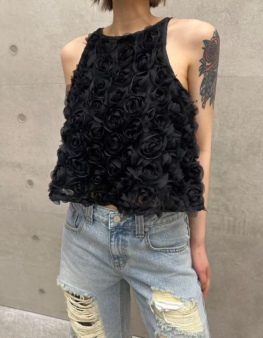 玫瑰削肩立體背心