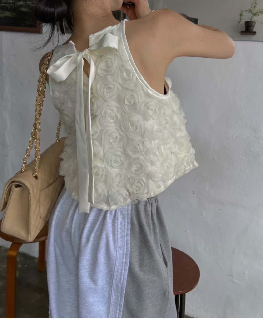 玫瑰削肩立體背心