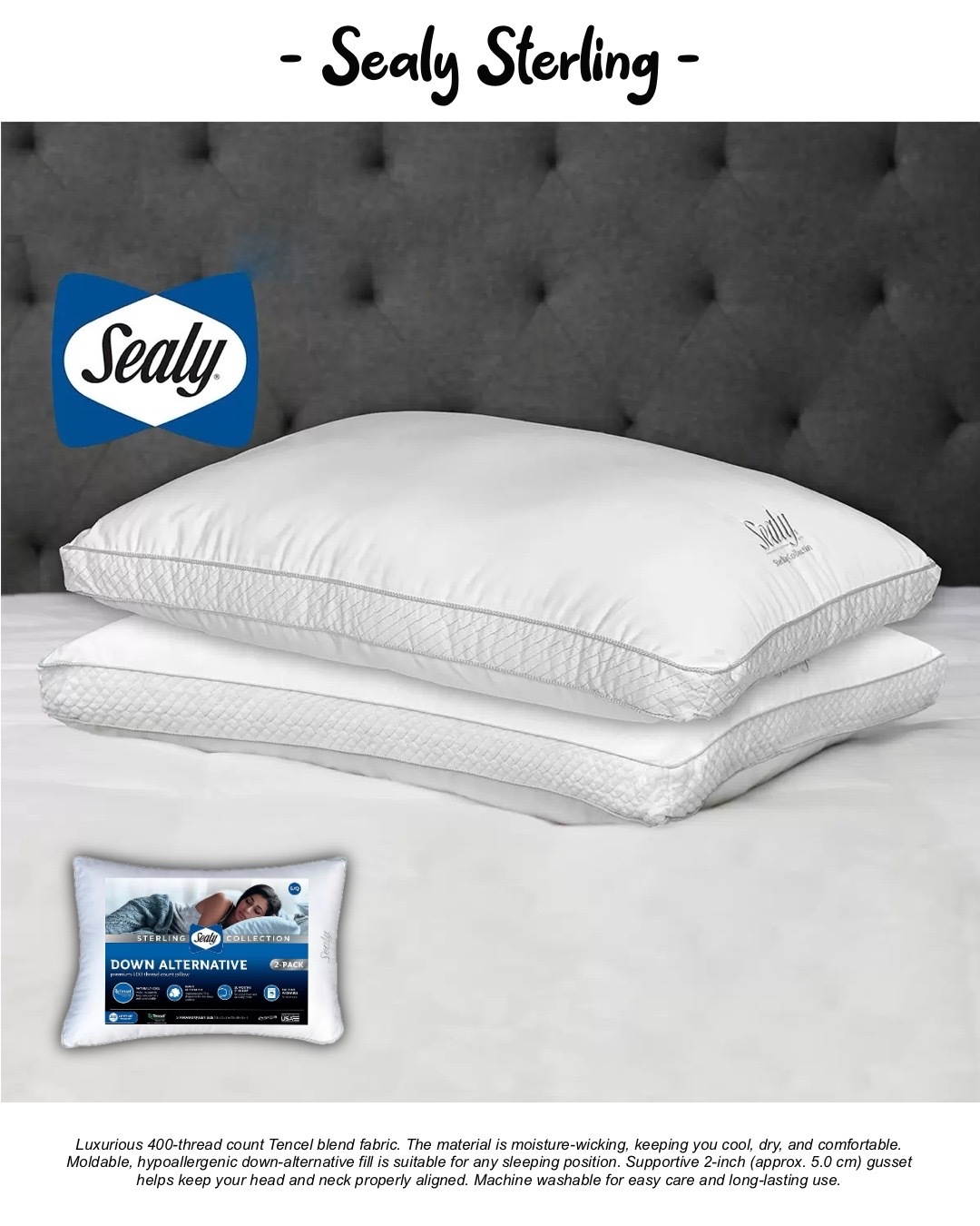 預購Sealy席伊麗星級系列羽絨替代枕頭2入組