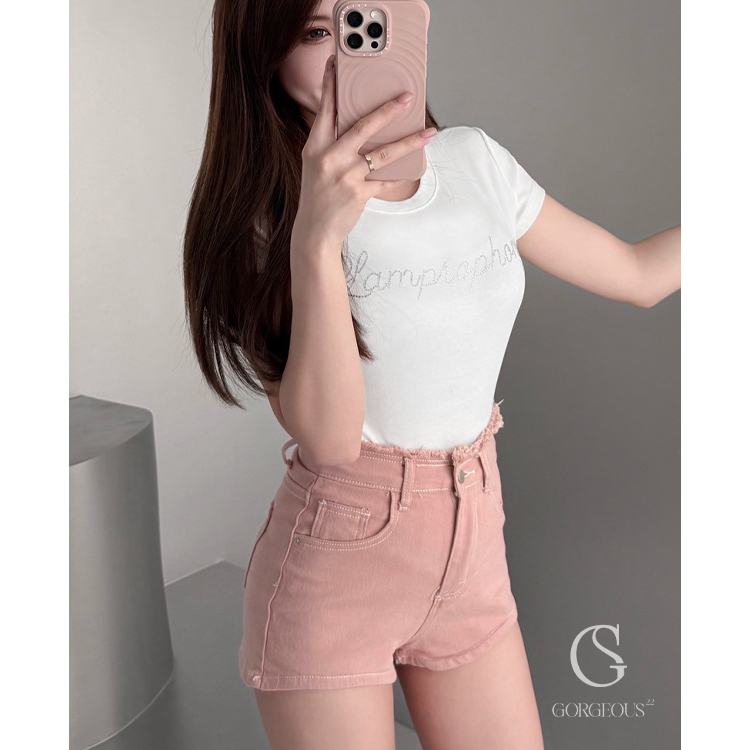 L56 現貨「 腰間鬚鬚牛仔彈力短褲」