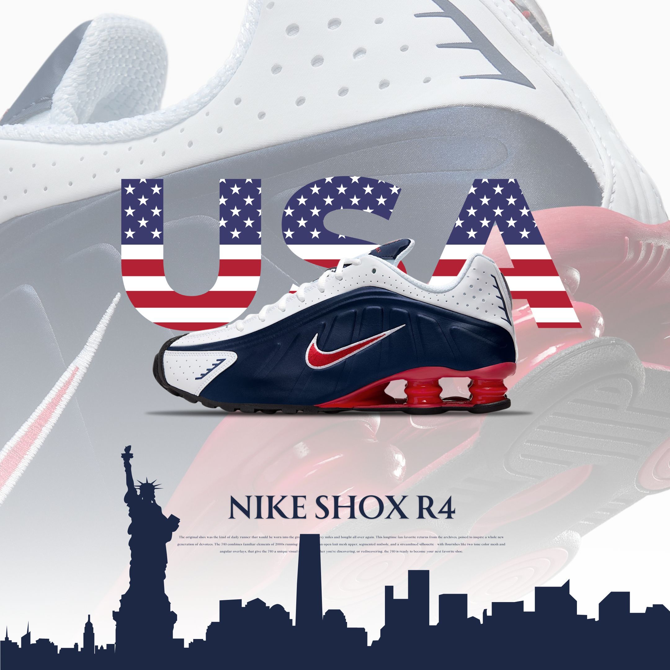 NICEDAY 代購 Nike Shox R4 USA 美國 美國隊長 藍紅白 氣墊 彈簧 減震桶 HQ1988-400