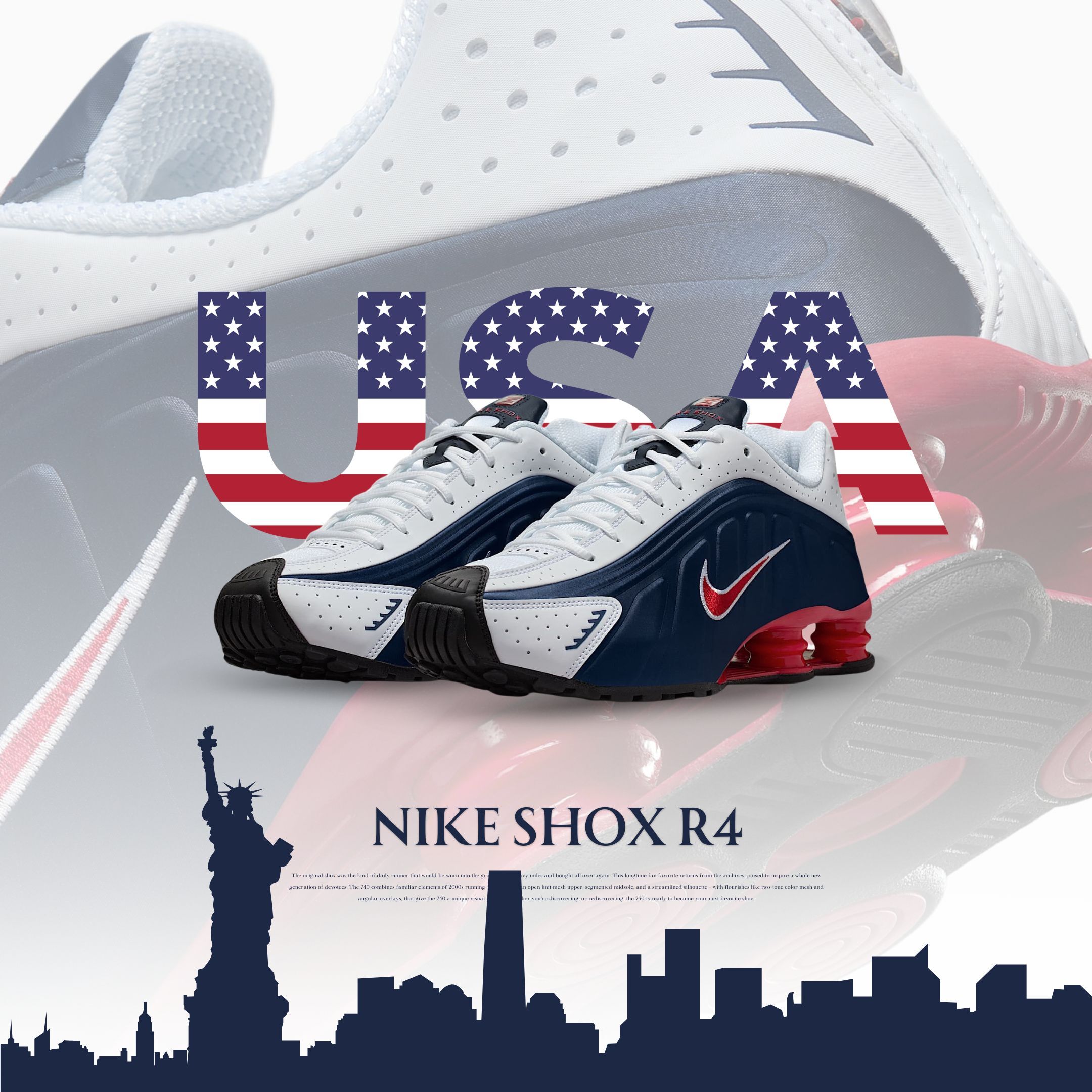 NICEDAY 代購 Nike Shox R4 USA 美國 美國隊長 藍紅白 氣墊 彈簧 減震桶 HQ1988-400