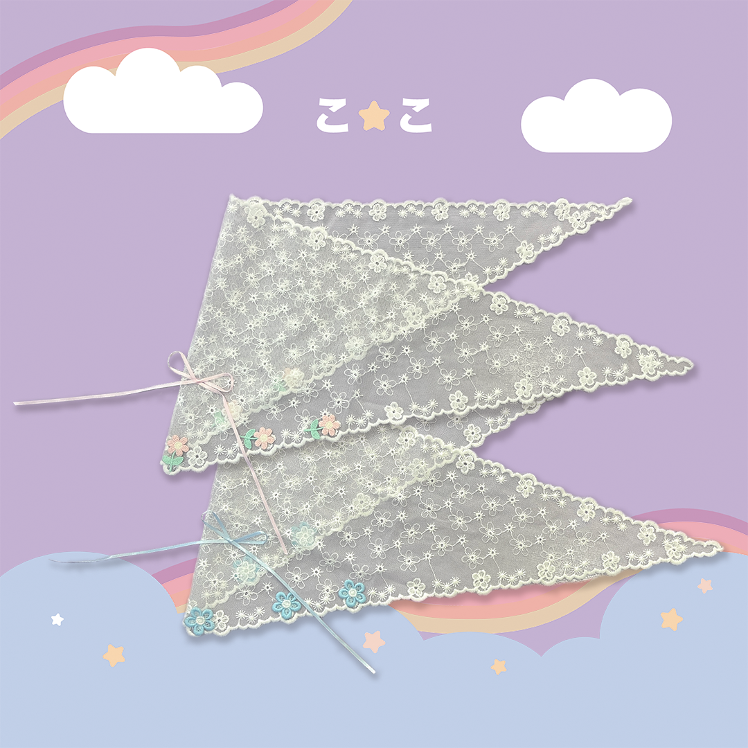 こ♡こ 粉藍小花蕾絲三角頭巾