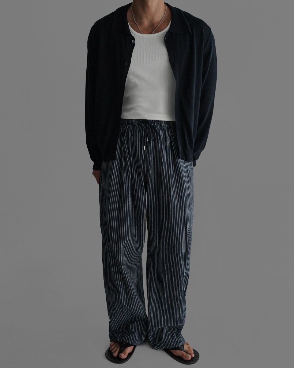 亞麻棉質綁帶條紋休閒褲