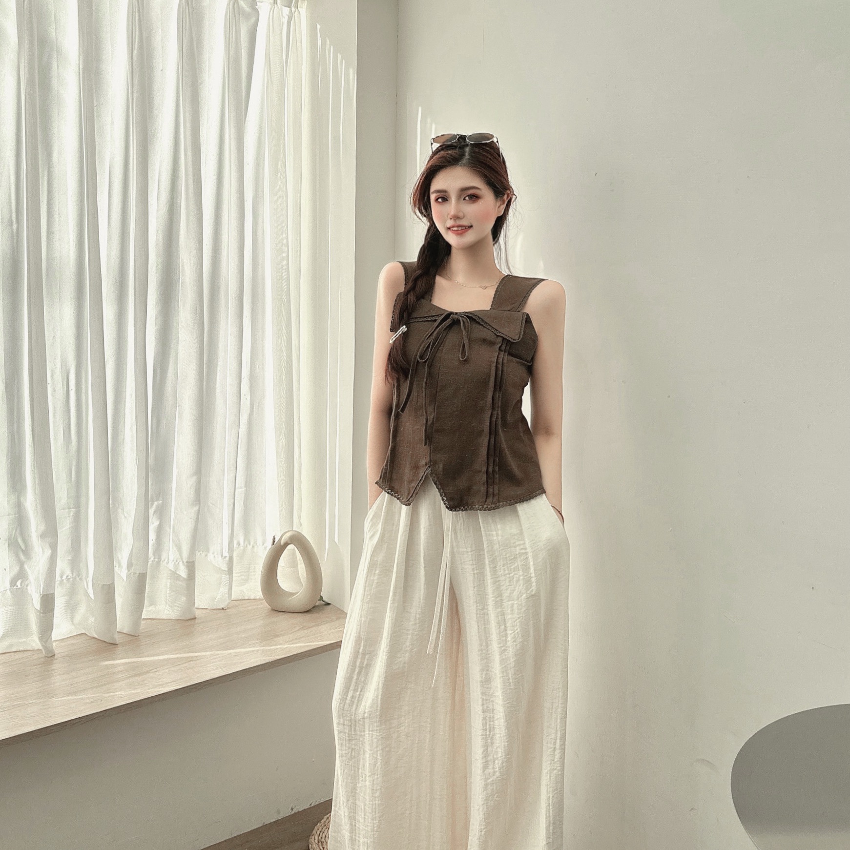 棉麻蕾絲蝴蝶結背心/三色