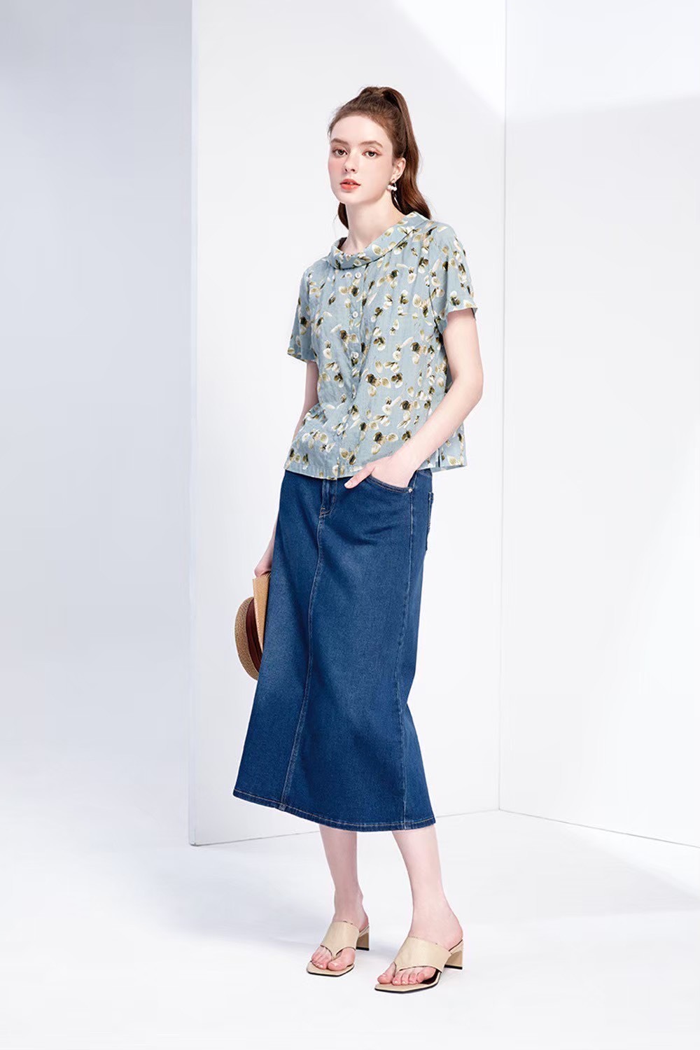 OL韓版田園風印花優雅大翻領造型氣質修身上衣W6531