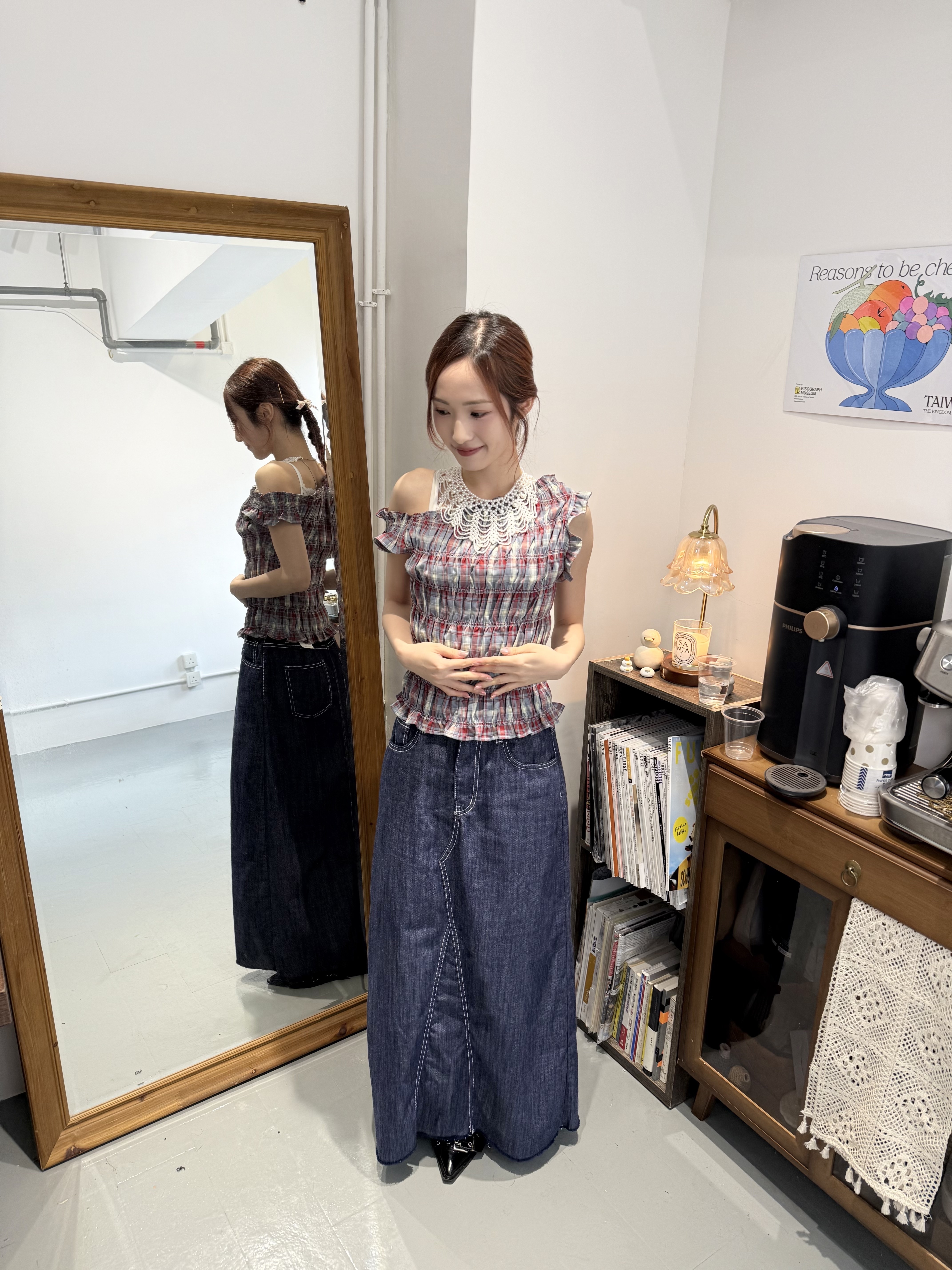 自留!斜露肩格子橡筋TOP