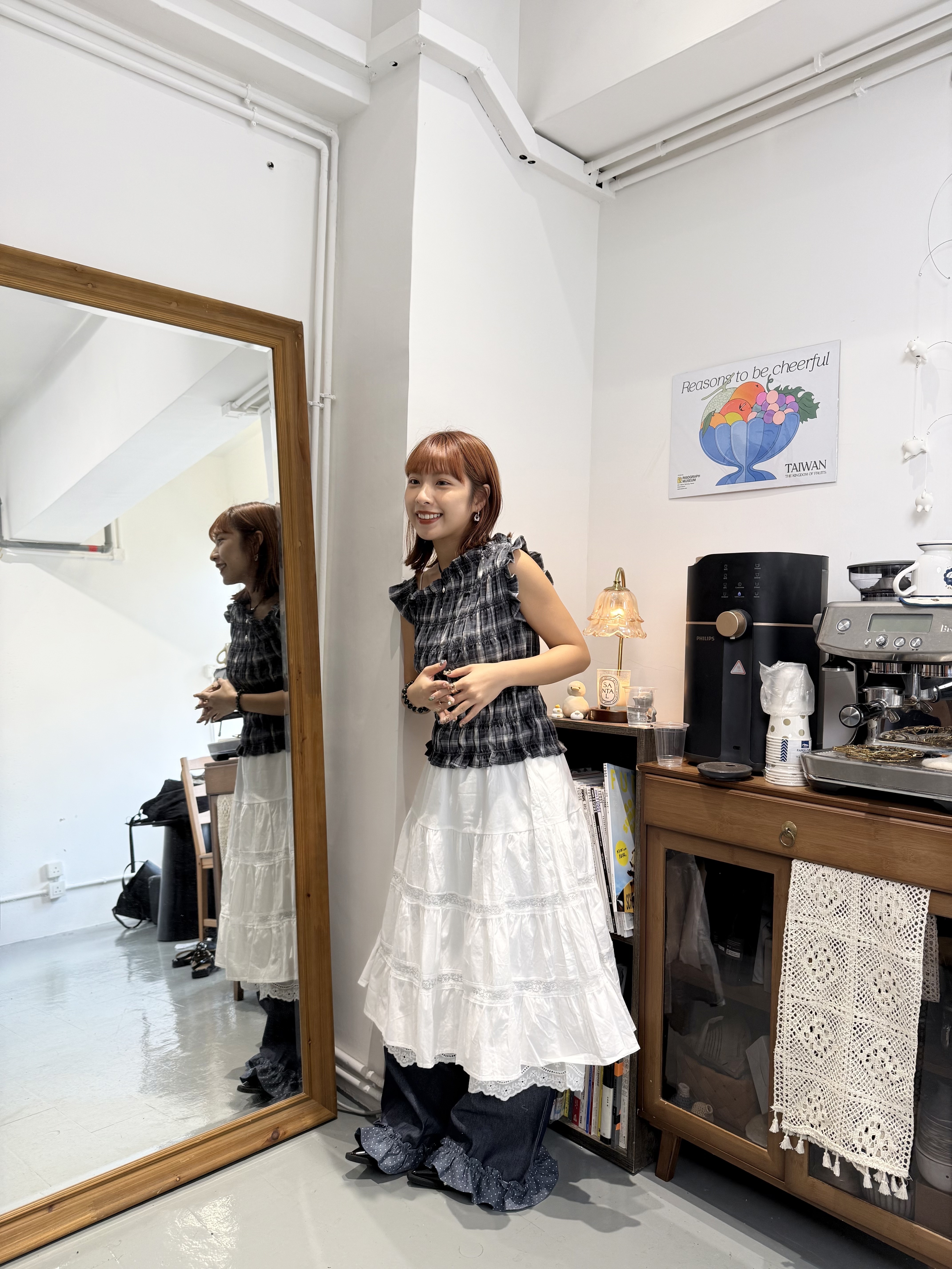 自留!斜露肩格子橡筋TOP