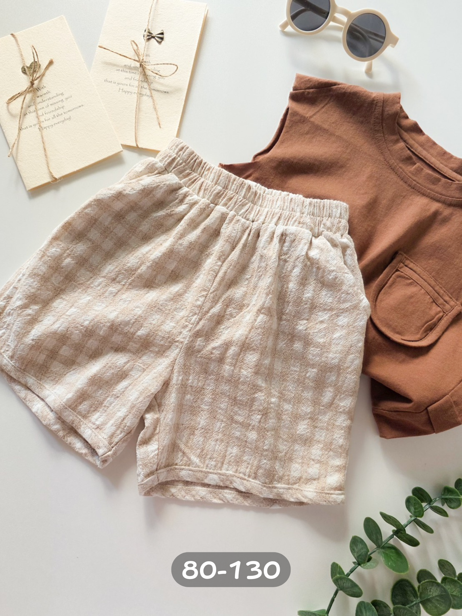 米色格子 棉麻短褲