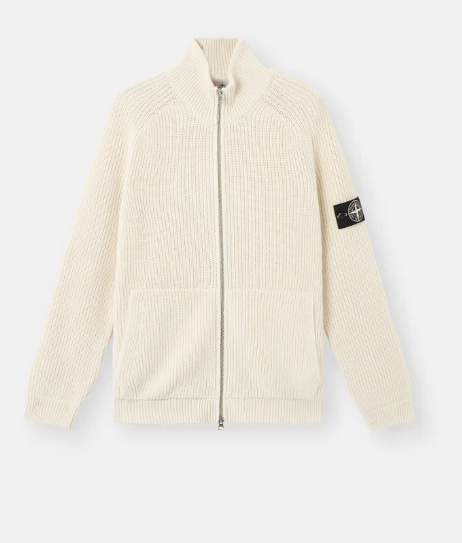 STONE ISLAND  口袋和漁夫羅紋細節拉鍊毛衣  象牙白   JUN25