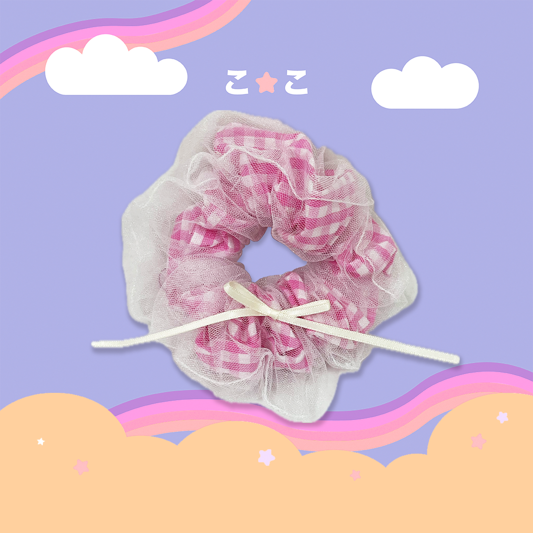 こ♡こ 粉格紋蝴蝶結大腸髮圈
