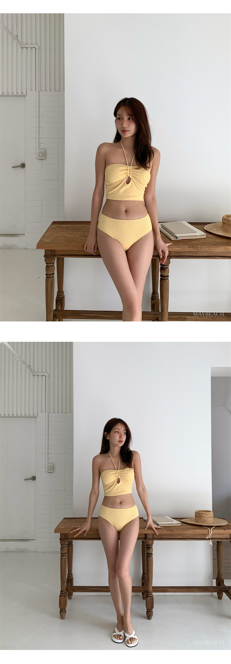 俏皮小性感掛脖平口暖黃色泳衣套裝