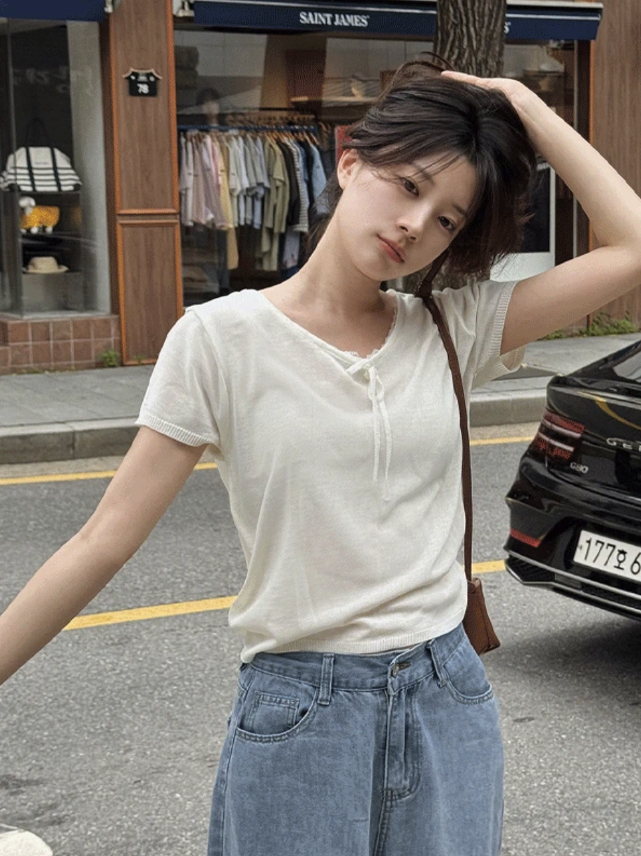 預訂｜SLOWAND #SLOWMADE 細緻蕾絲感夏日薄針織上衣 (2 Color)