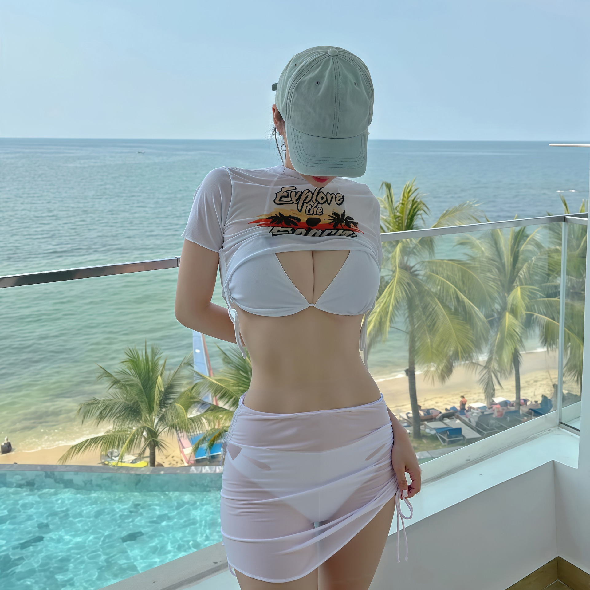 海灘辣妹比基尼+罩衫四件套泳