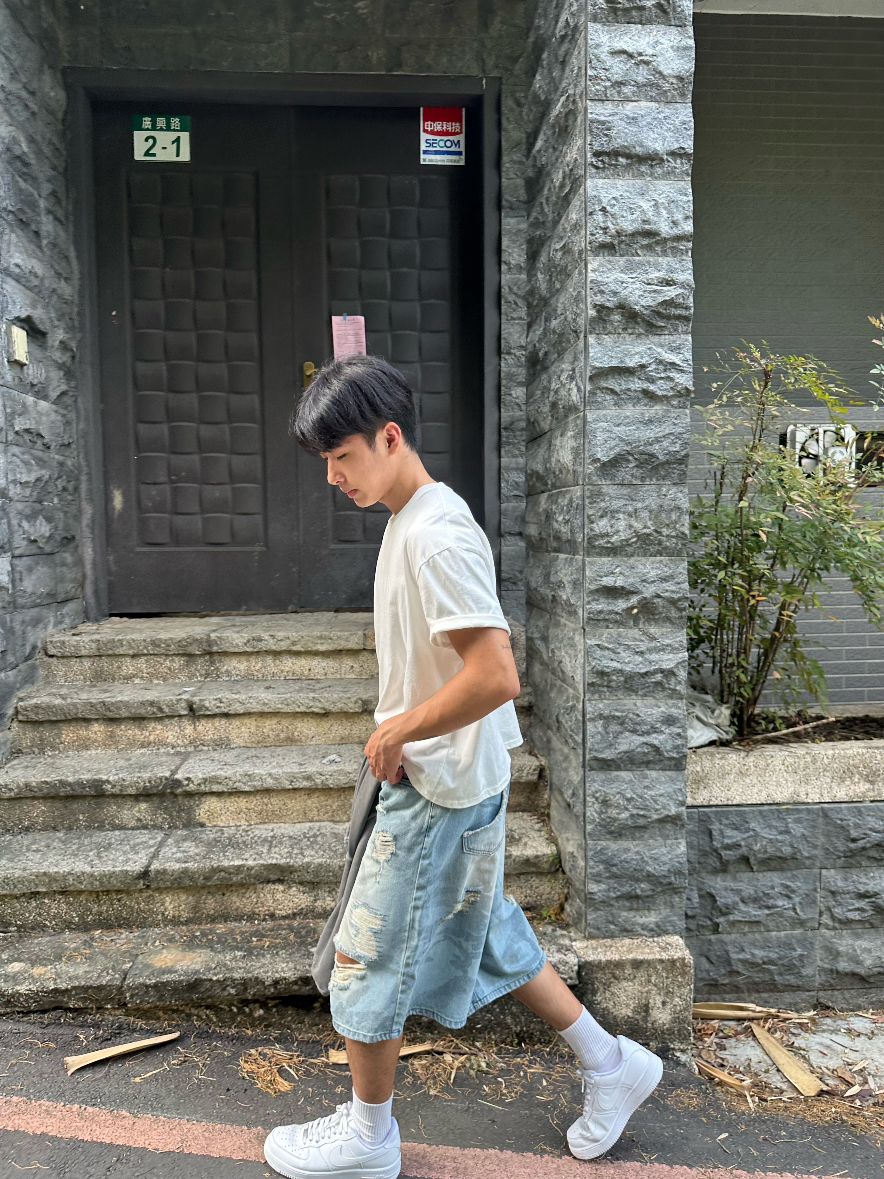 波紋 迷彩 刷破 膝下 七分褲