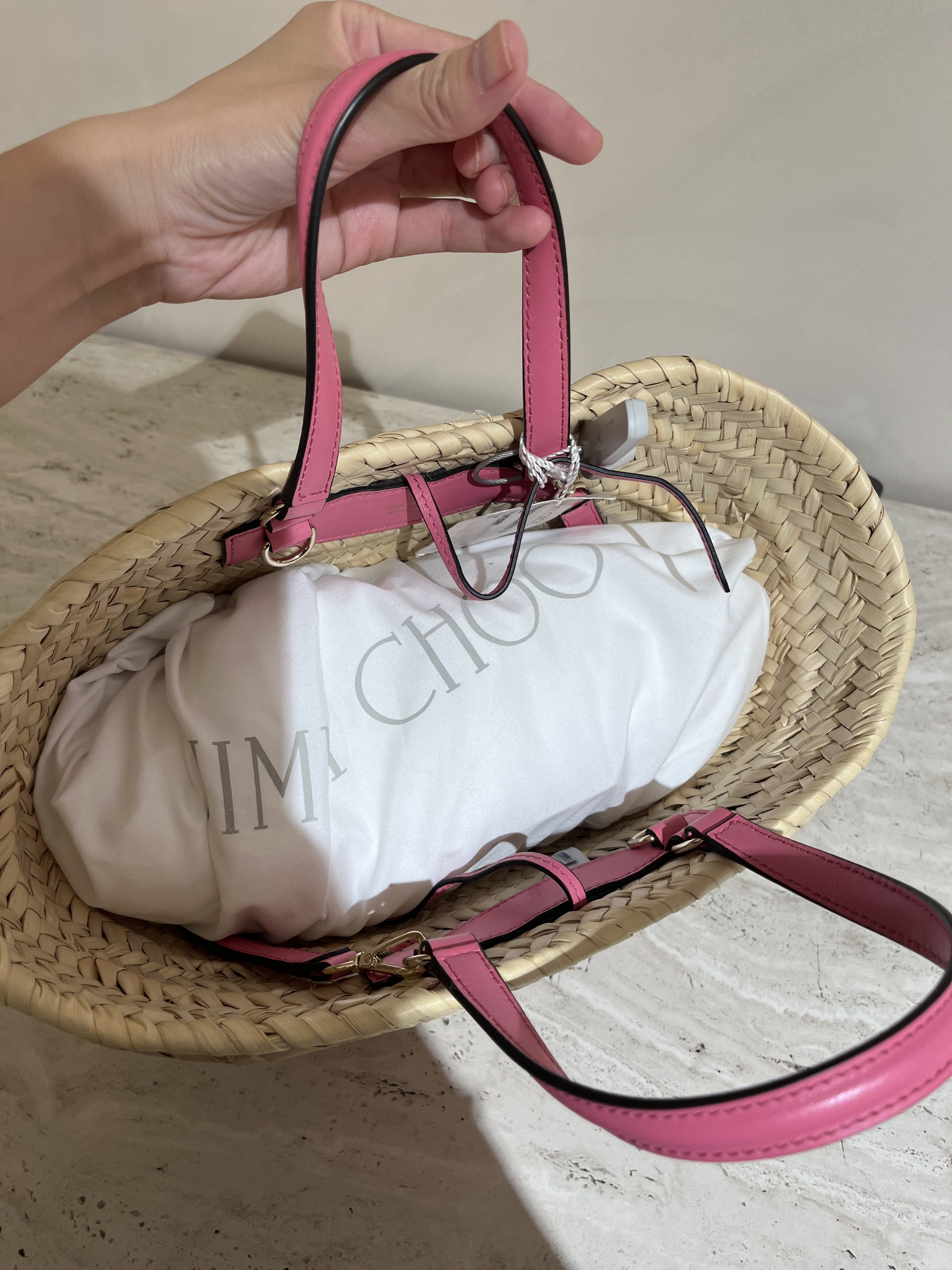 Jimmychoo Raffia Leather Choo Basket Bag Natural Pink