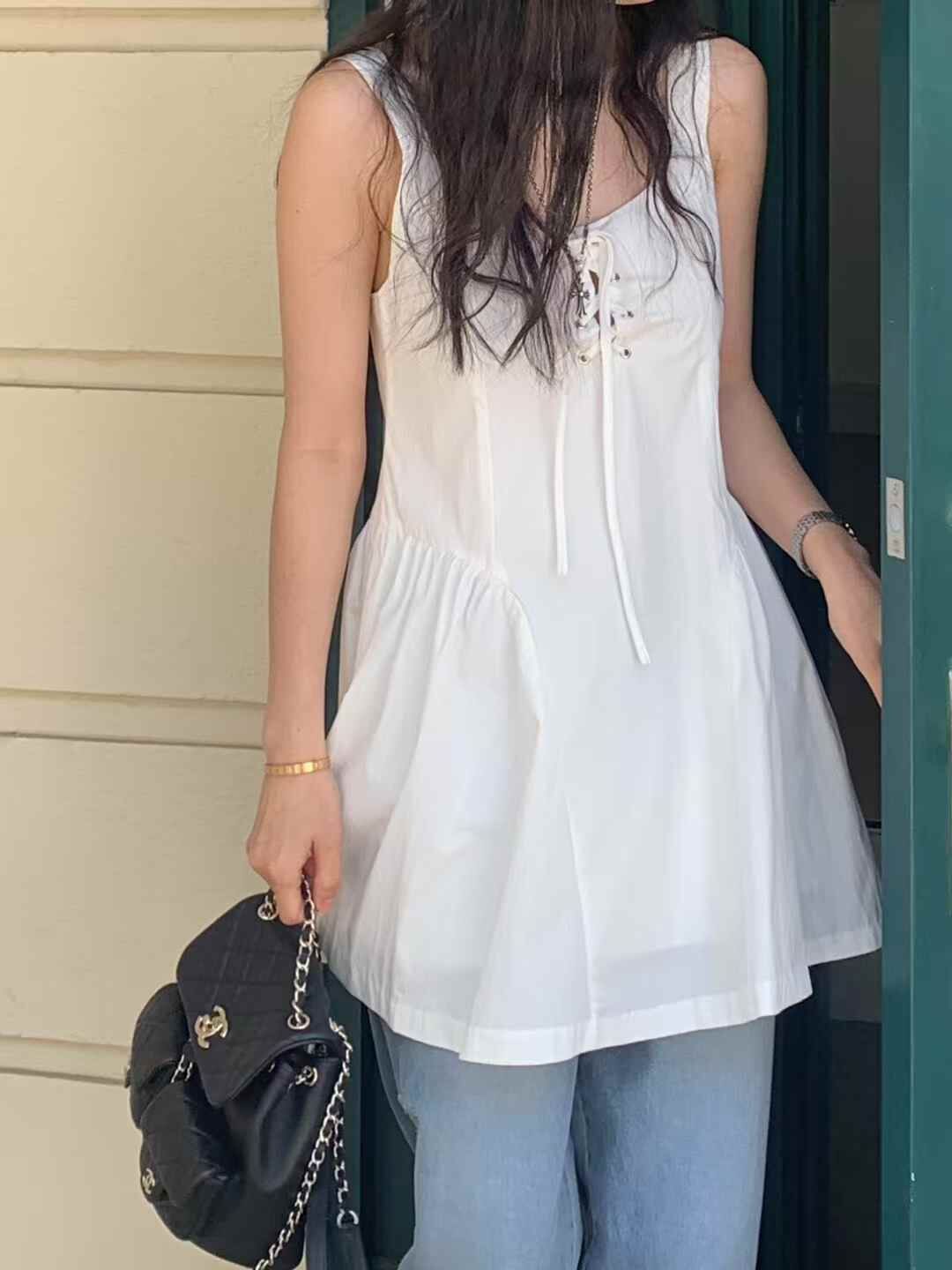 #OPS001 微皺褶直肩連身裙