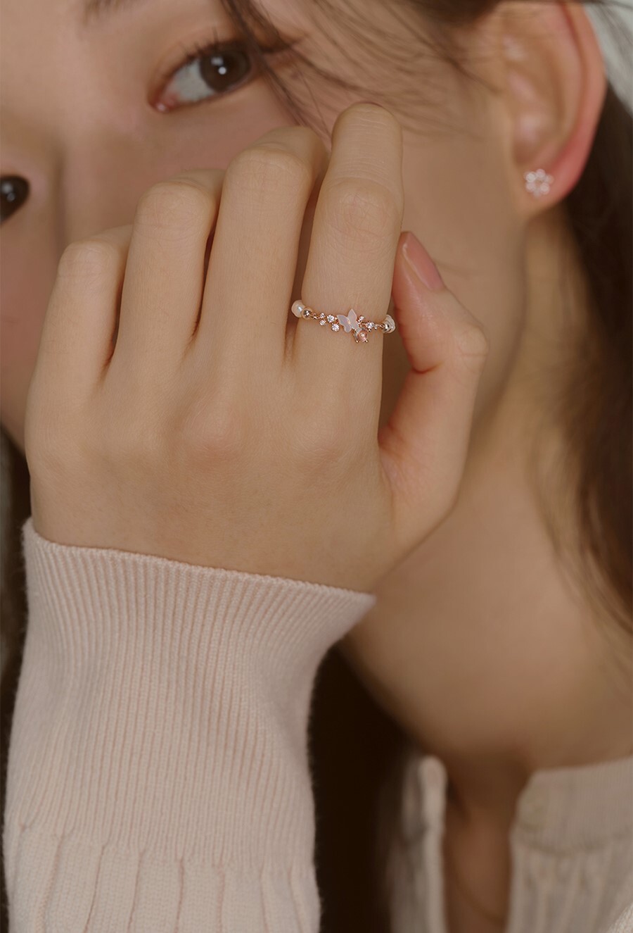 韓國WING BLING授權 925純銀玫瑰蝴蝶幻境寶石珍珠戒指