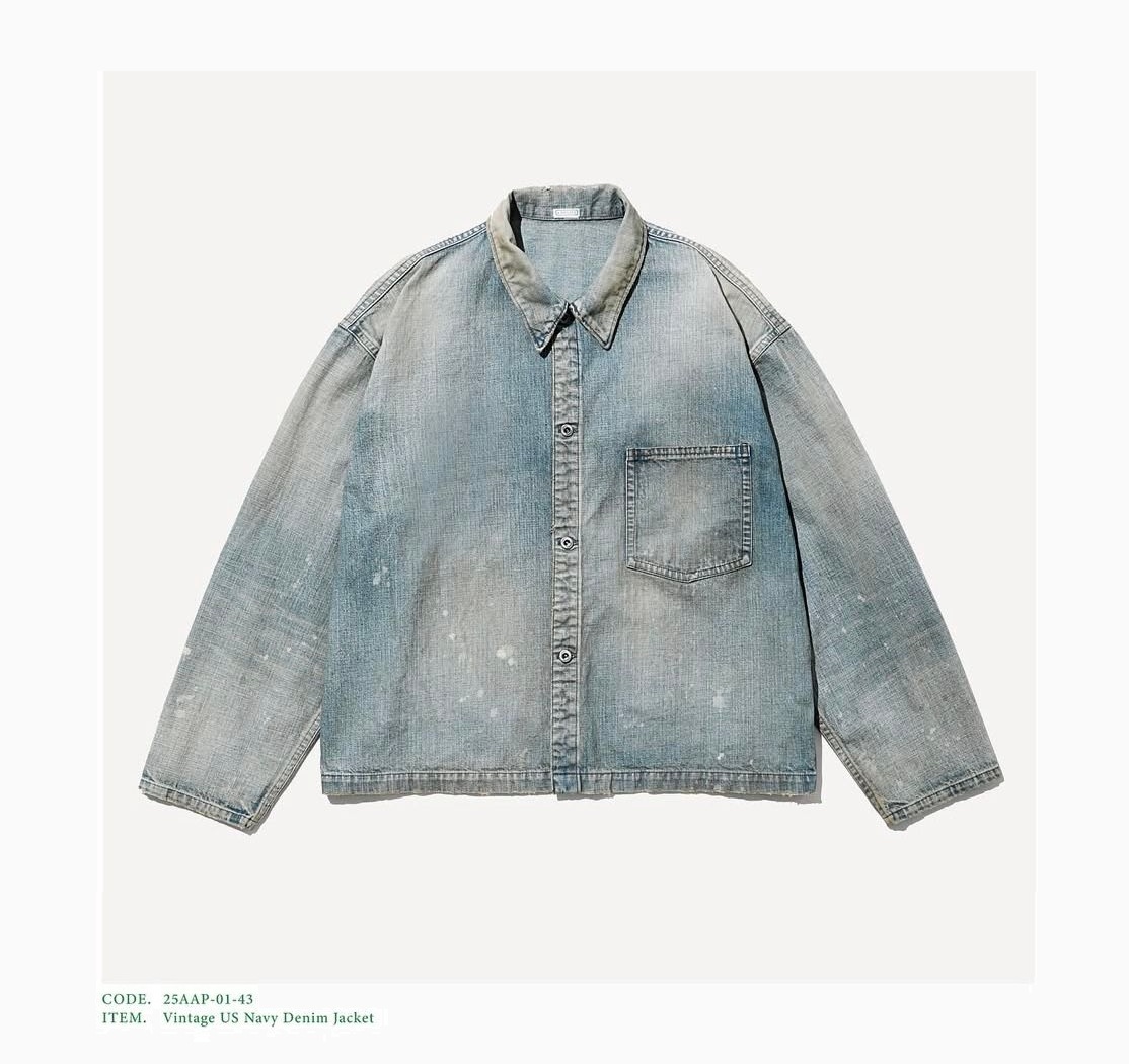 10/10 RE-STOCK: A.PRESSE 2025 S/S VINTAGE US NAVY DENIM JACKET (25AAP-01-43) BLEACH - PRE ORDER ITEM (預訂中)